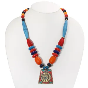 MULTICOLOR BIG BEAD GOLD TURQUOISE AND CORAL PENDANT NECKLACE #FWNK-1811-03