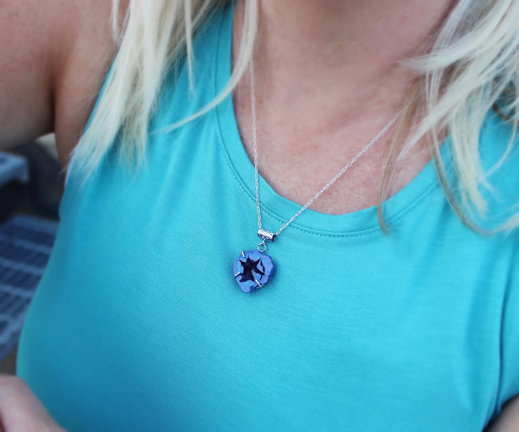 Natural Blue Azurite Mini Geode Druzy Necklace