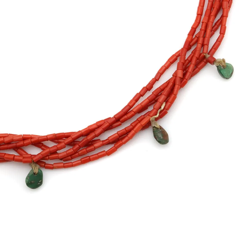 Navajo Turquoise and Coral Hand Made Heishi Necklace with Joclas c. 1930s, 28" length (J12723)