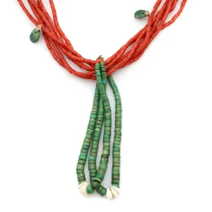 Navajo Turquoise and Coral Hand Made Heishi Necklace with Joclas c. 1930s, 28" length (J12723)