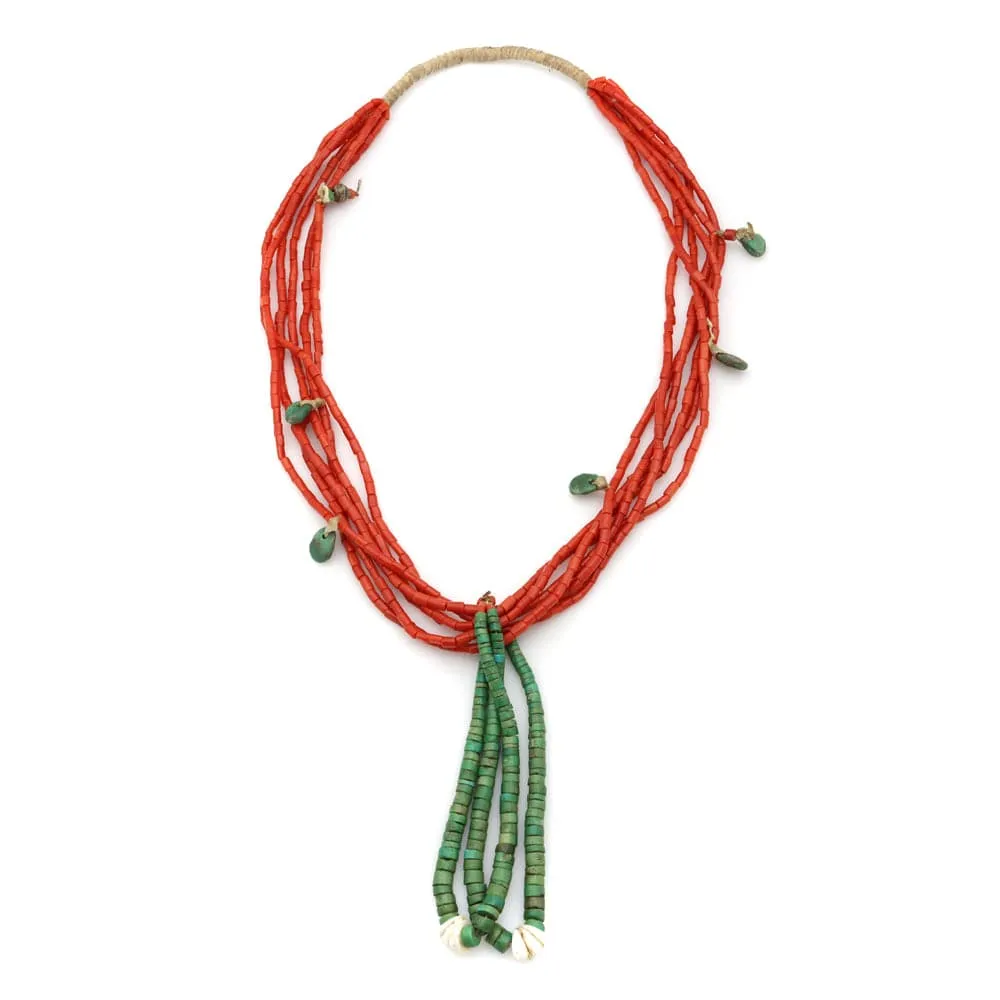 Navajo Turquoise and Coral Hand Made Heishi Necklace with Joclas c. 1930s, 28" length (J12723)