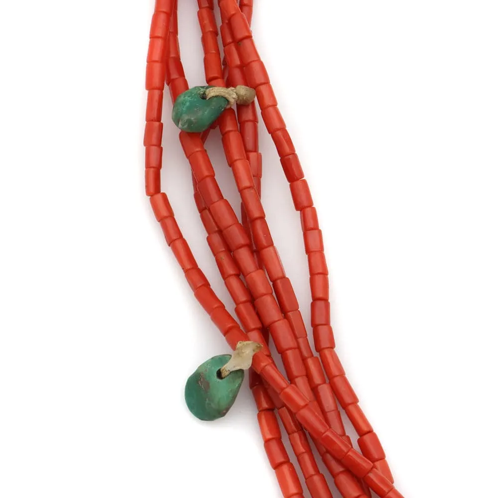 Navajo Turquoise and Coral Hand Made Heishi Necklace with Joclas c. 1930s, 28" length (J12723)