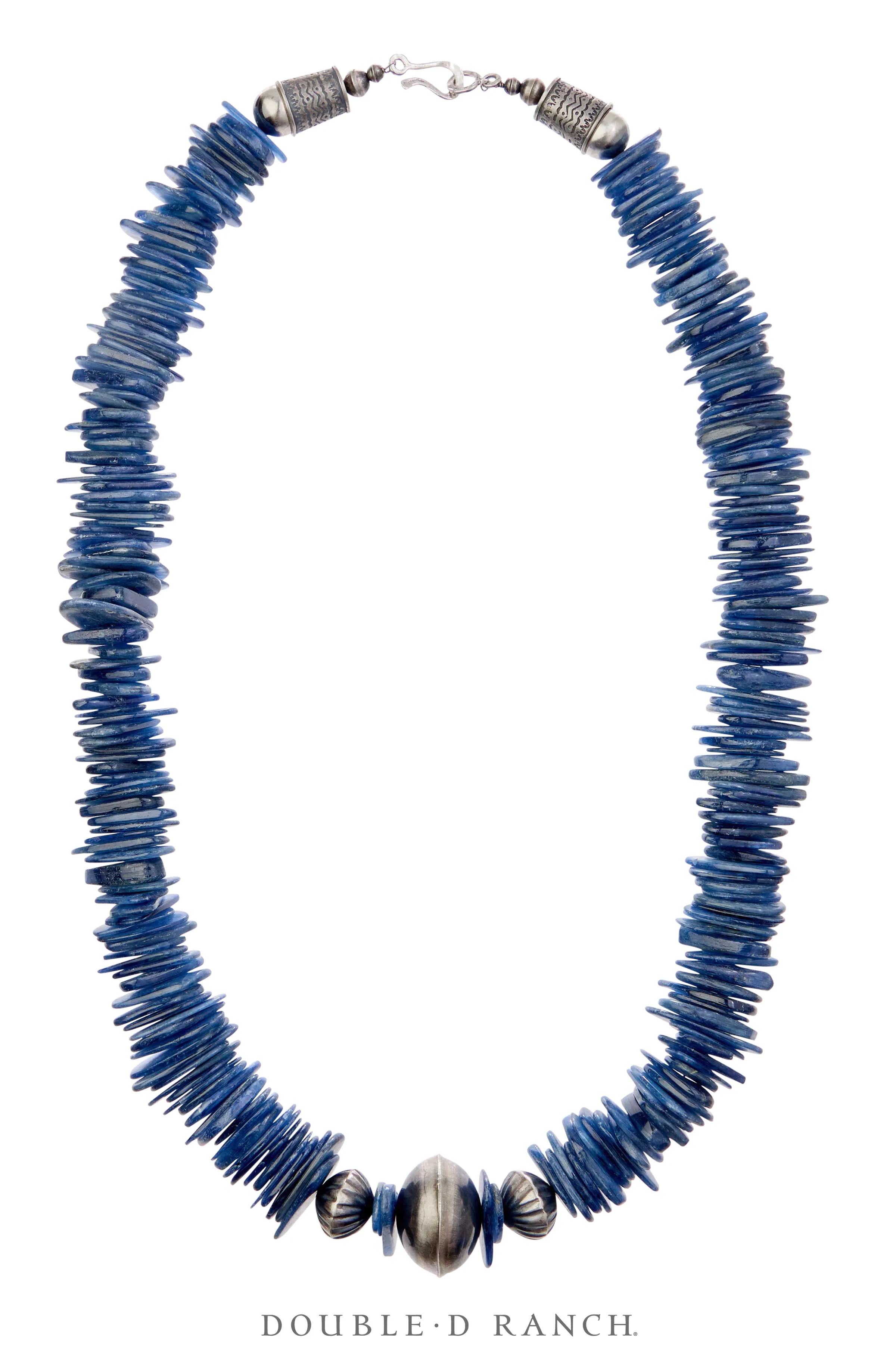 Necklace, Natural Stone, Kyanite With Fluted Sterling Beads, Navajo, Contemporary, 3414