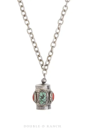 Necklace, Pendant, Novelty, Drum, Turquoise & Coral, Vintage, 3253