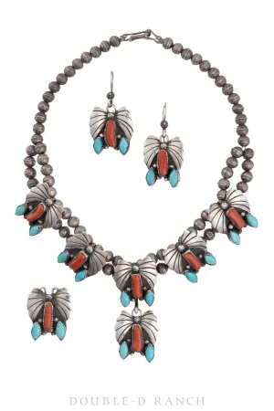 Necklace, Princess, Turquoise & Coral, Butterflies, Matching Earrings and Ring, Vintage, 3095