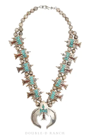 Necklace, Squash Blossom, Turquoise & Coral, Chip Inlay,  Peyote Birds, Vintage, 3261
