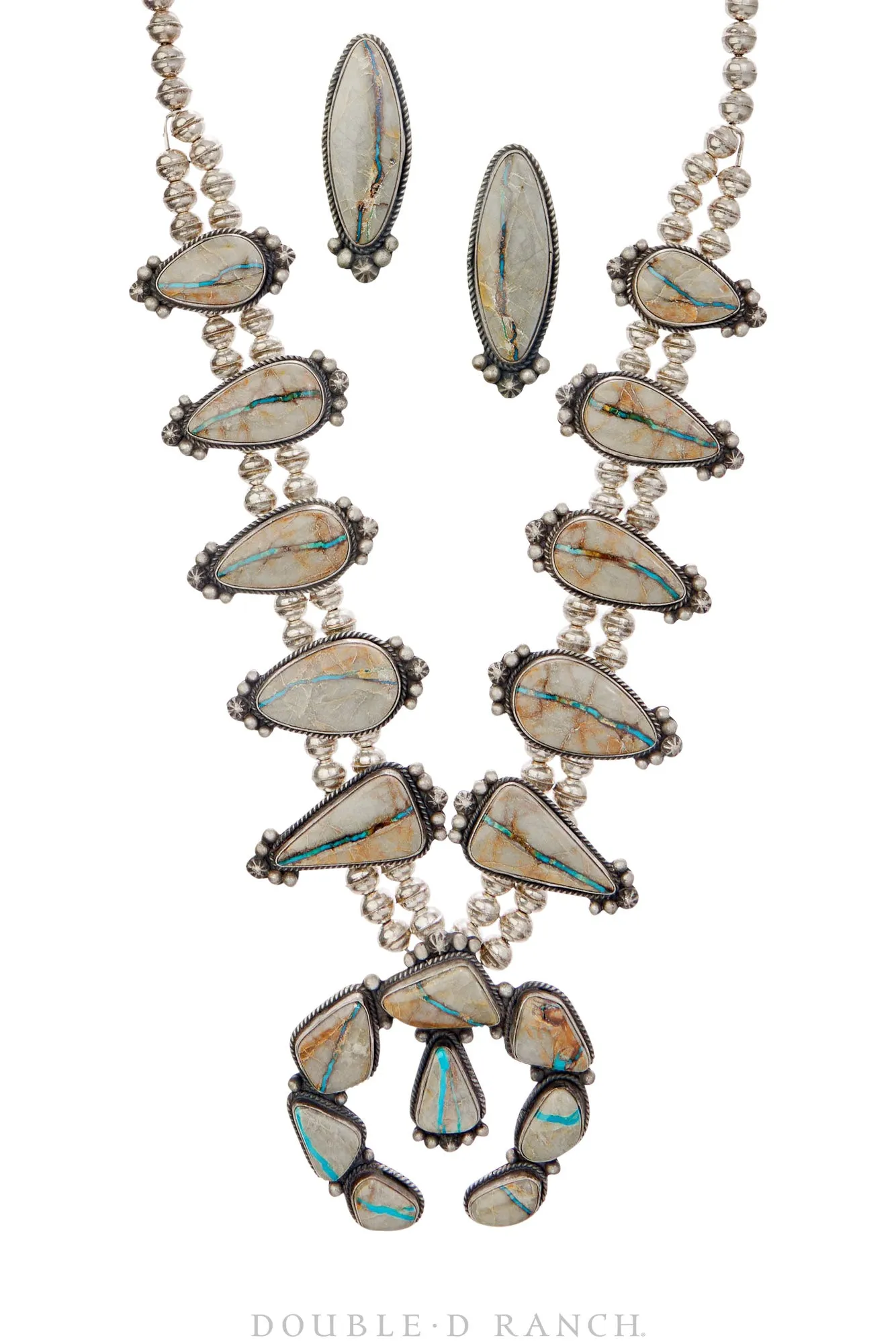 Necklace, Squash Blossom, Turquoise, Boulder Ribbon Mine, Matching Earrings, Contemporary, 3525
