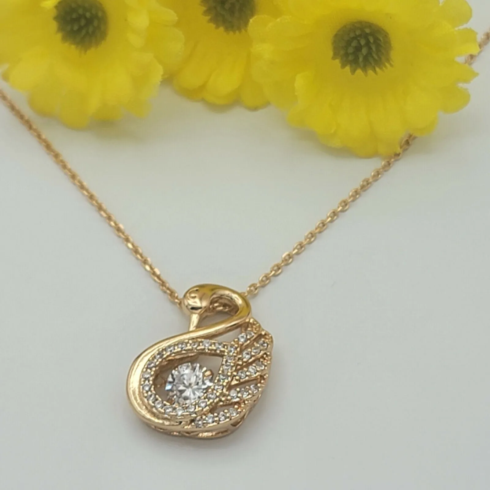 Necklaces - 18K Gold Plated. Clear Crystal Swan Pendant & Chain. Sparkle