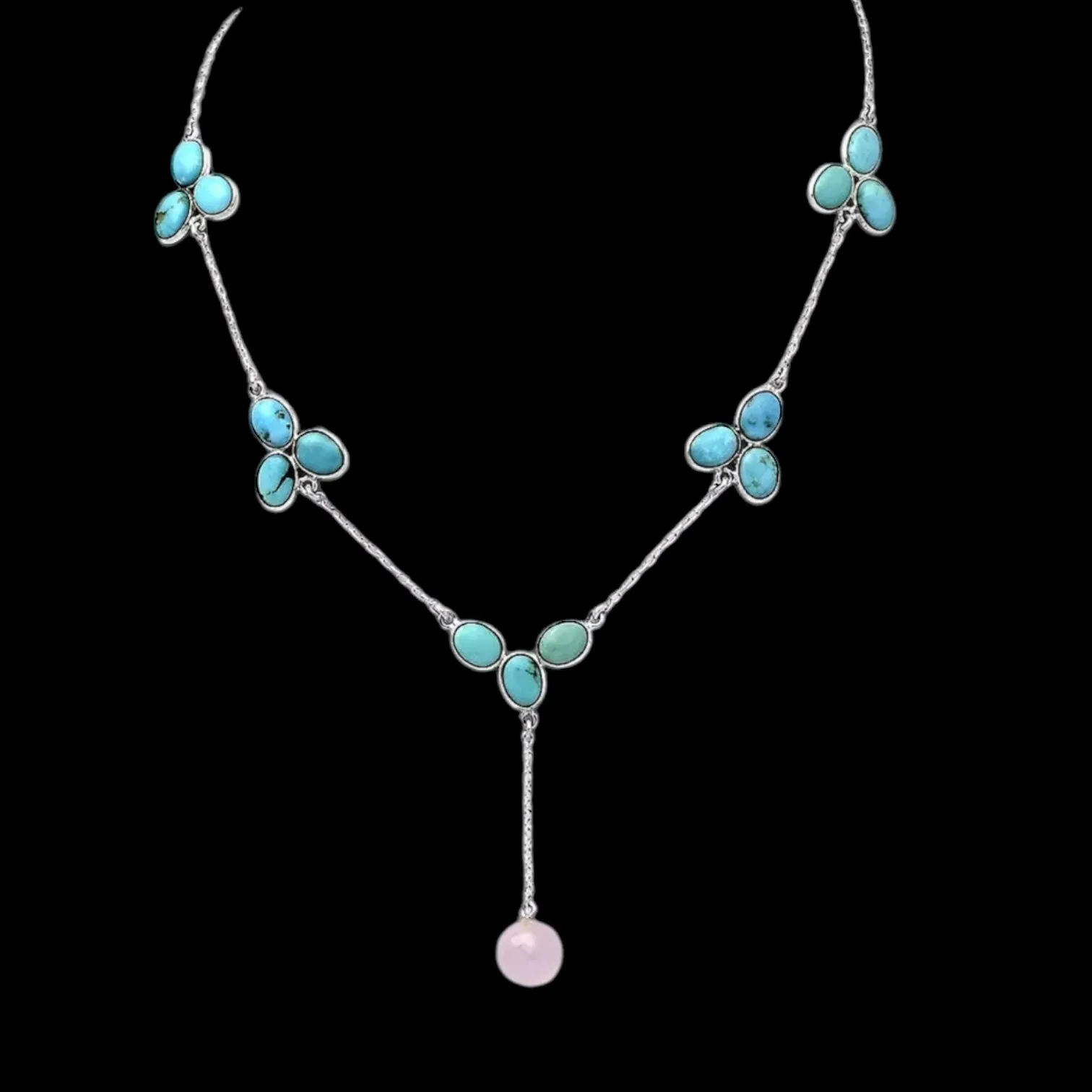 Nevada Turquoise & Rose Quartz Solid 925 Sterling Silver Necklace
