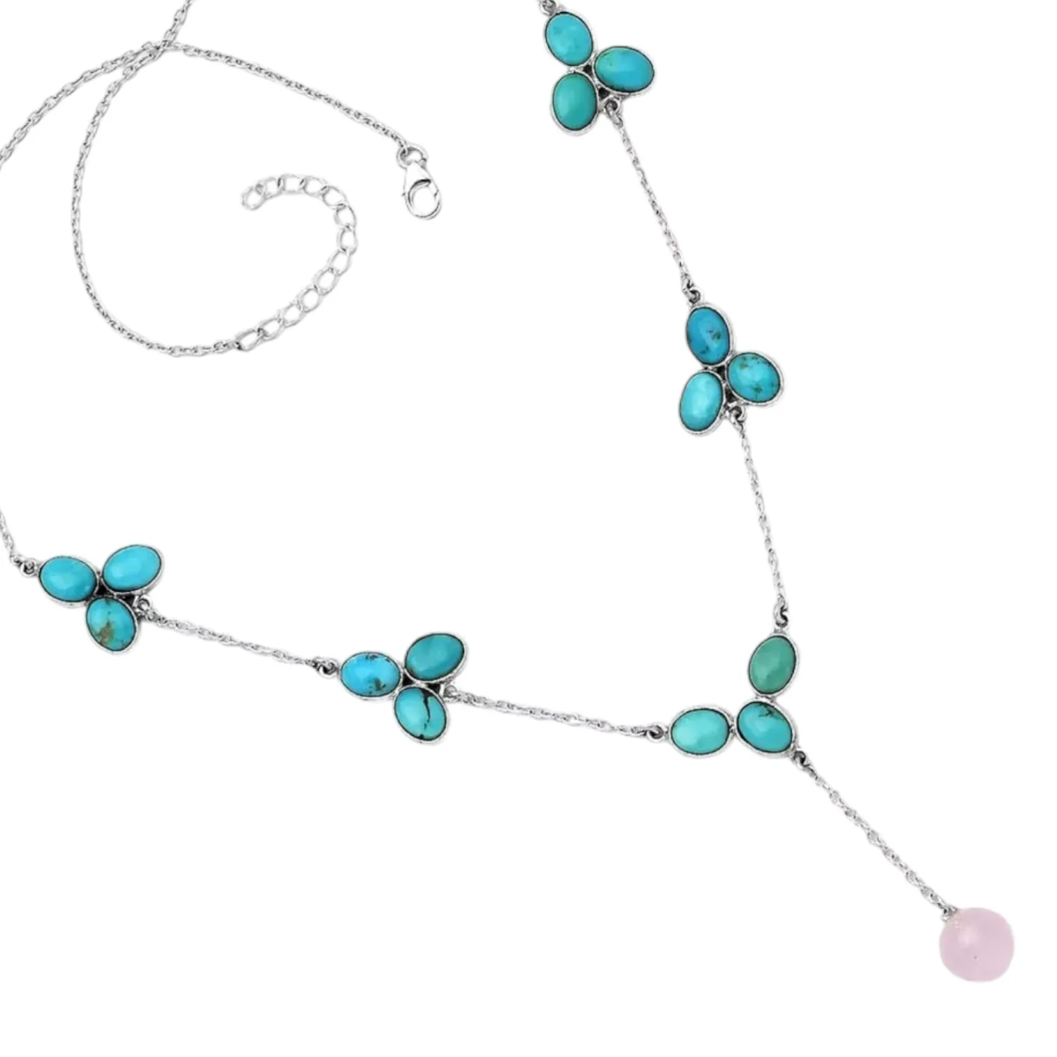 Nevada Turquoise & Rose Quartz Solid 925 Sterling Silver Necklace