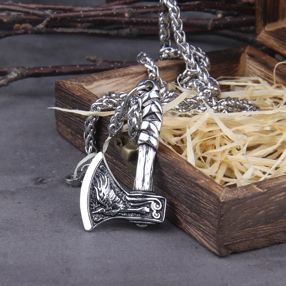 Never Fade Wolf And Raven Slavic Amulets Talismans Viking Odin Axe Necklaces & Pendants Norse Vikings Jewelry Turkish Men Wicca