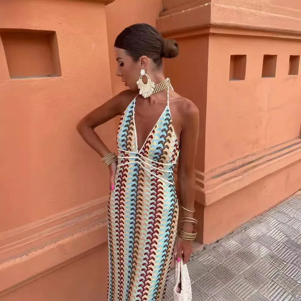 New European and American Style Crochet Floral Maxi Dress S-240804-13