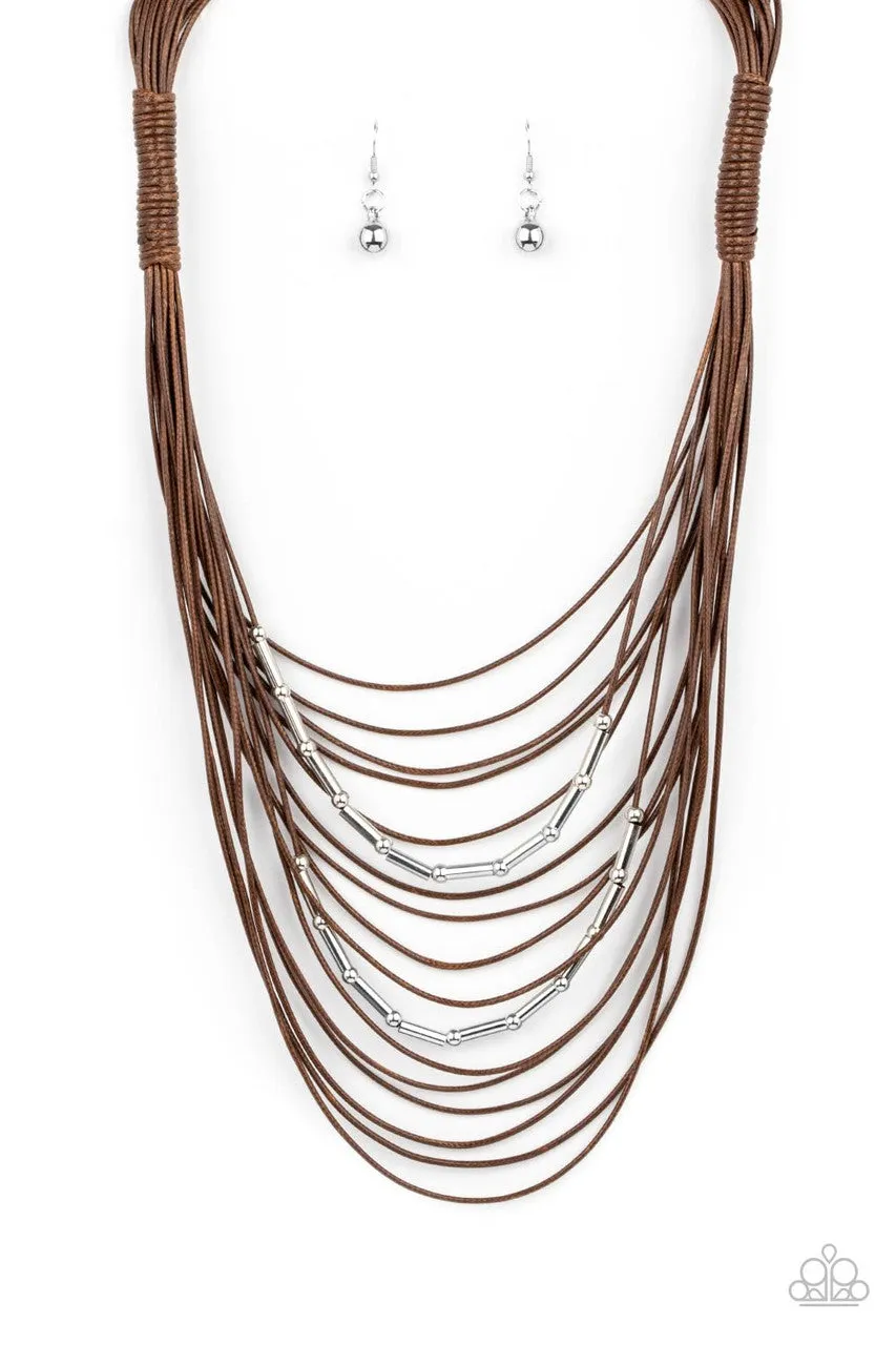 Nice CORD-ination - Brown - Silver Bead Corded Tiered Paparazzi Necklace