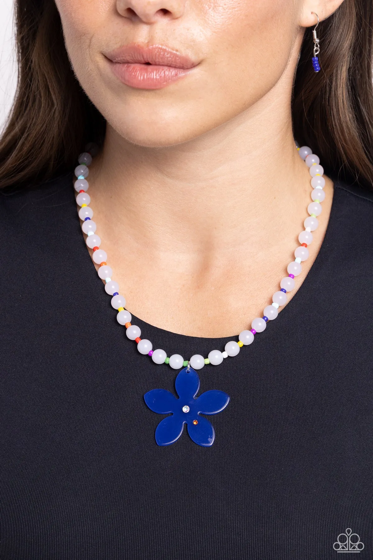 Nostalgic Novelty - Blue - Acrylic Flower Charm with Iridescent Rhinestone Colorful Bead Paparazzi Short Necklace