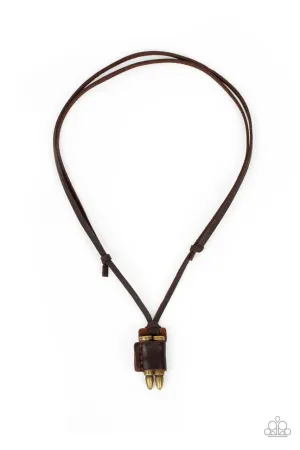 On the Lookout - Brass - Bullet Brown Leather Paparazzi Men's Necklace