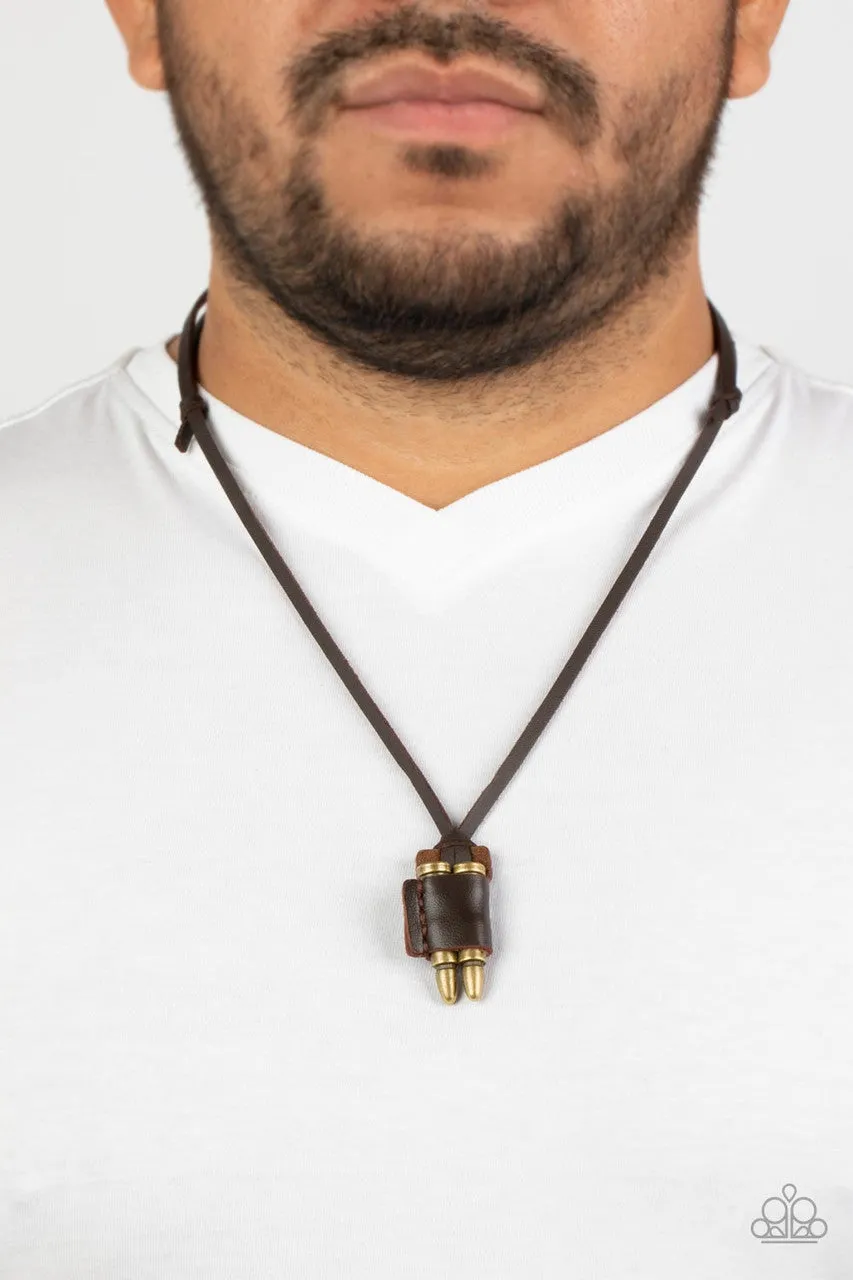 On the Lookout - Brass - Bullet Brown Leather Paparazzi Men's Necklace