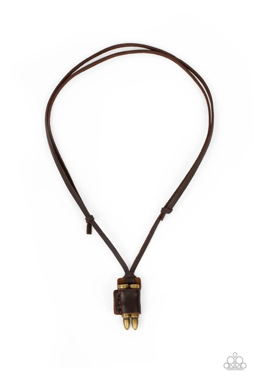 On the Lookout - Brass - Bullet Brown Leather Paparazzi Men's Necklace
