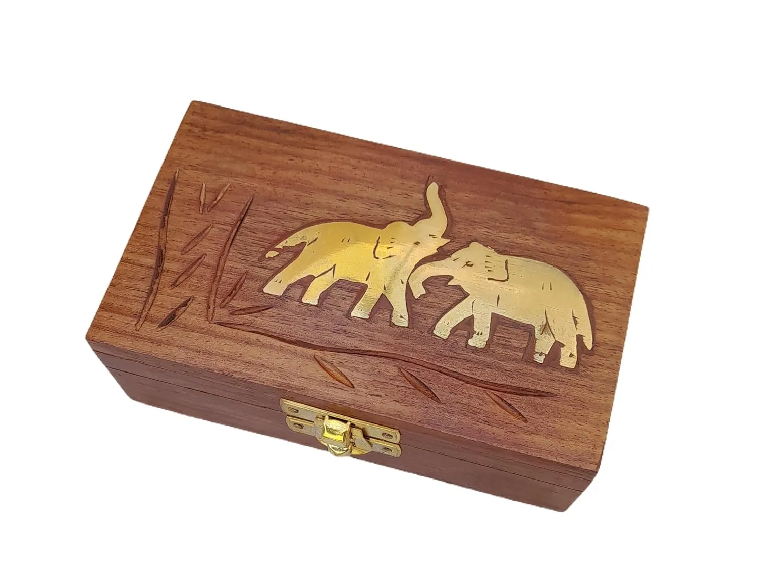 ONLINE GLOBAL STORES India Trend Wooden Handmade Elephant Brass Inlay Decorative Box for Necklaces Earrings & Trinkets 5x3 Inch
