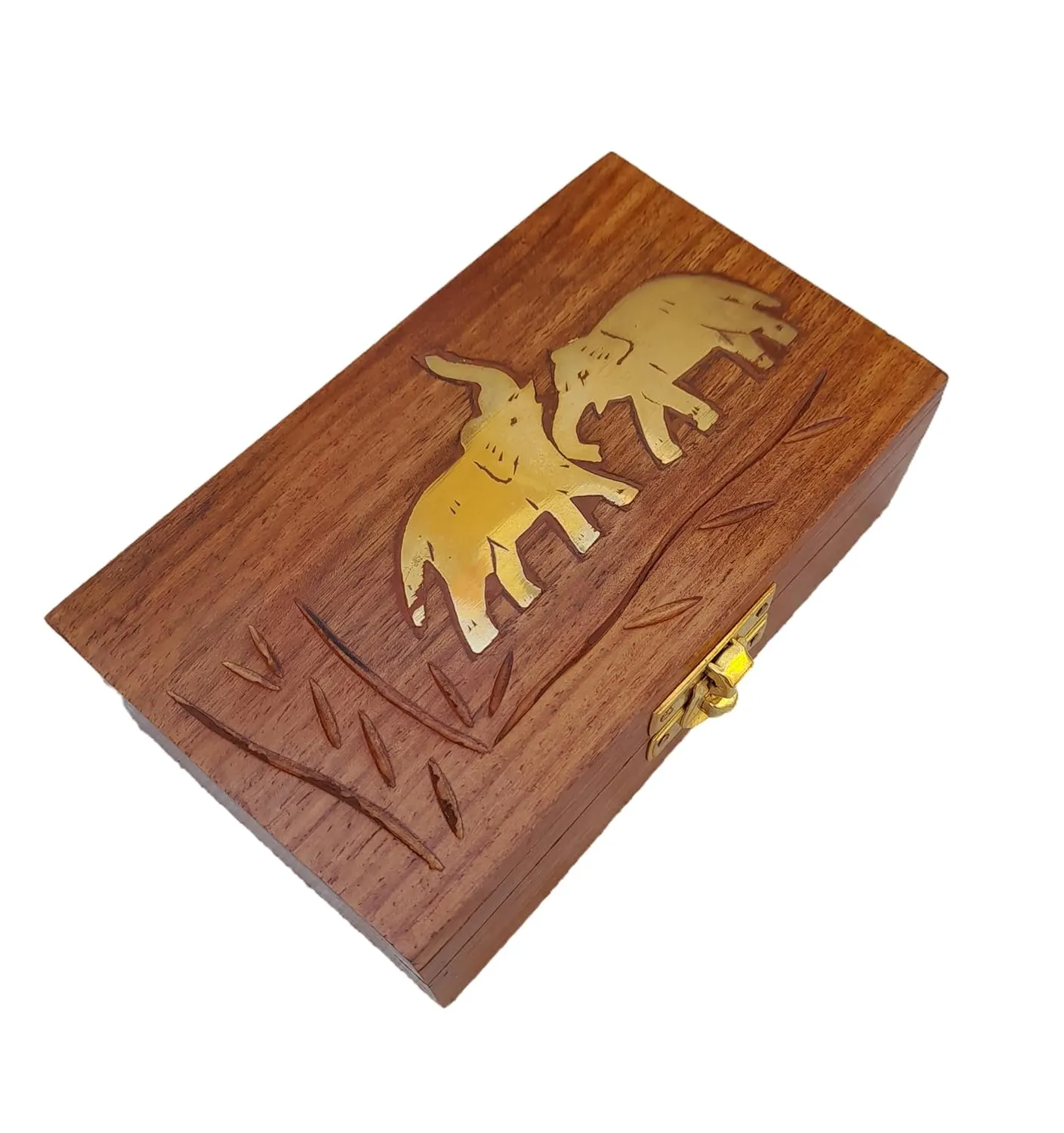 ONLINE GLOBAL STORES India Trend Wooden Handmade Elephant Brass Inlay Decorative Box for Necklaces Earrings & Trinkets 5x3 Inch