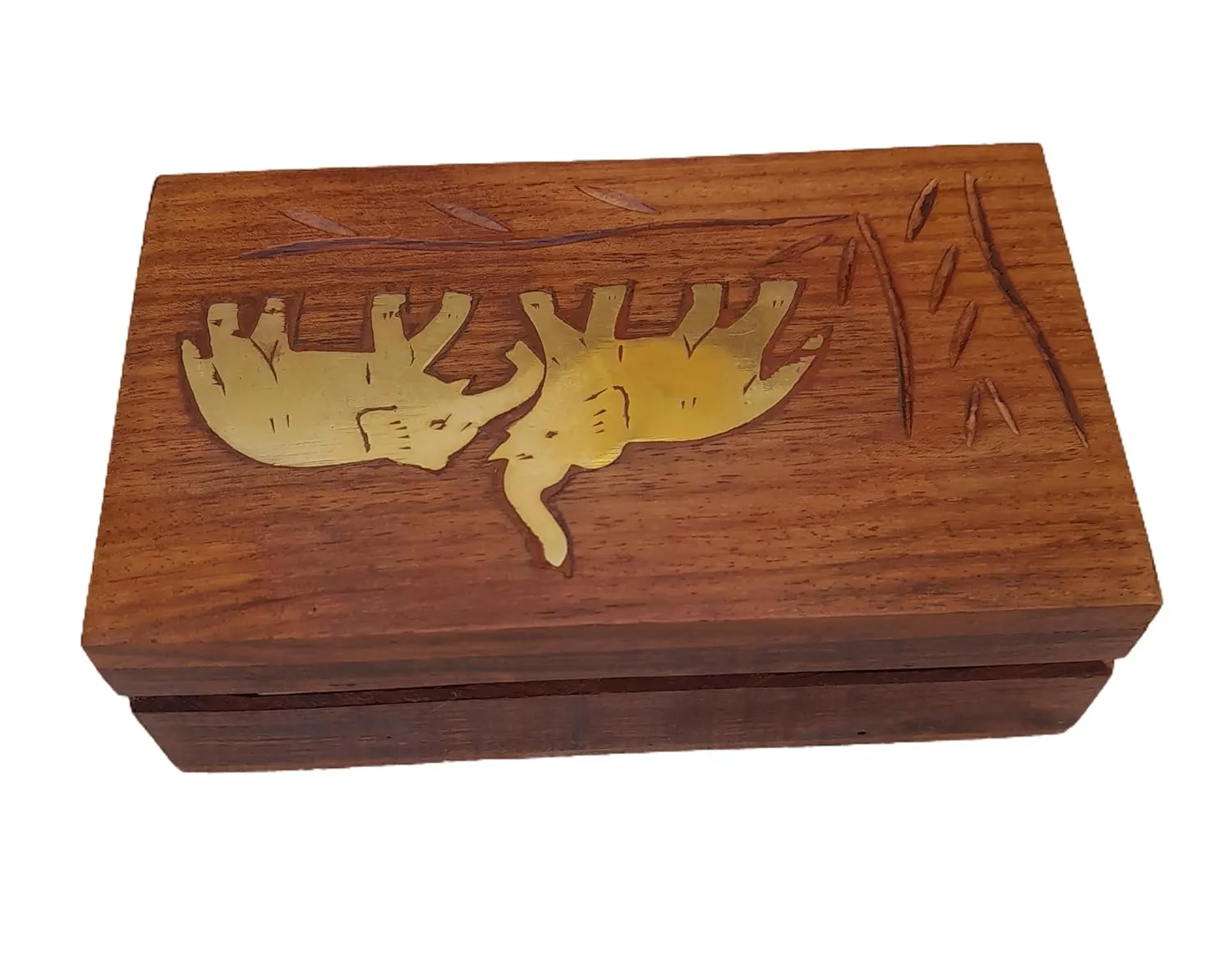 ONLINE GLOBAL STORES India Trend Wooden Handmade Elephant Brass Inlay Decorative Box for Necklaces Earrings & Trinkets 5x3 Inch