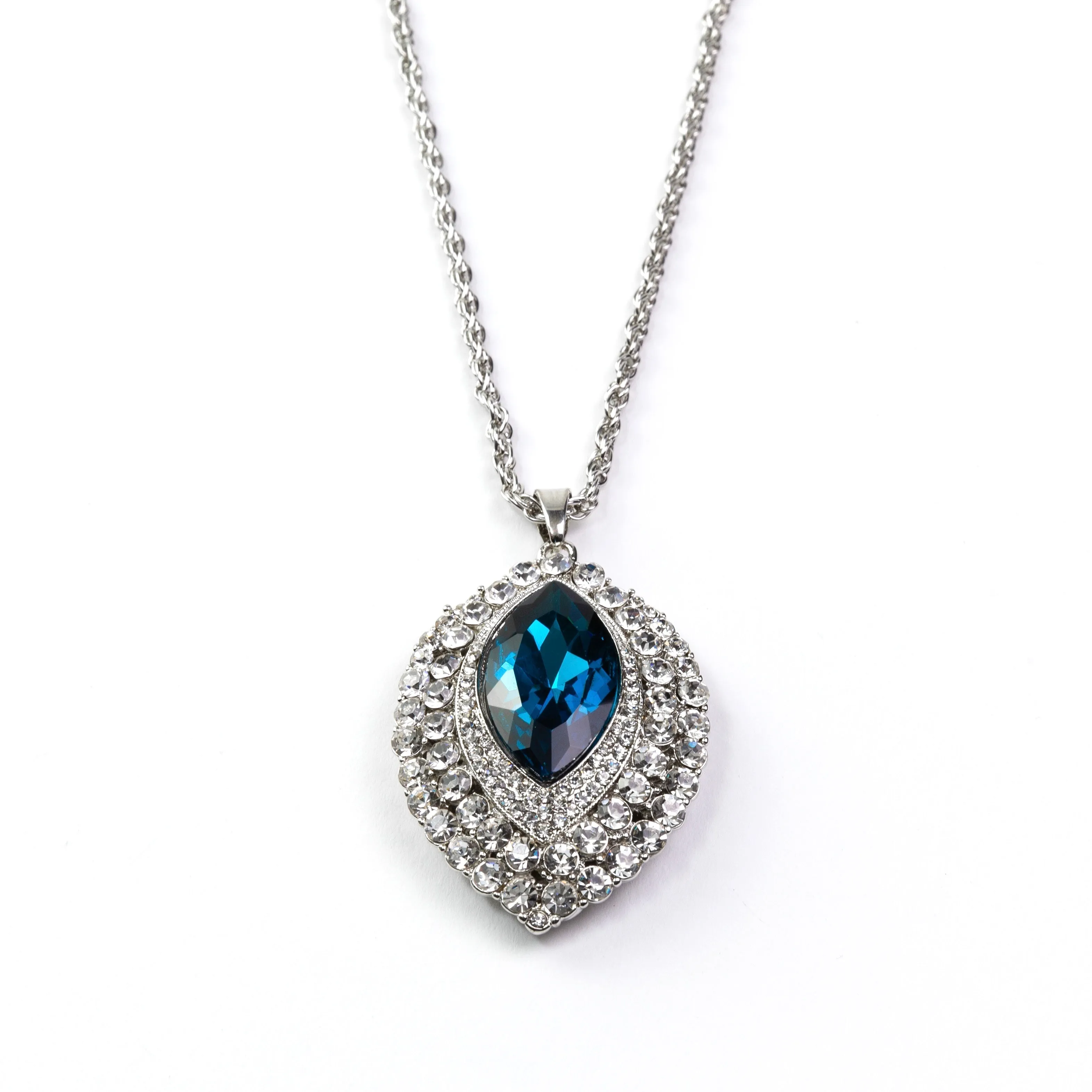 OVAL  RHODIUM PLATED BLUE CRYSTAL PENDANT OSLO