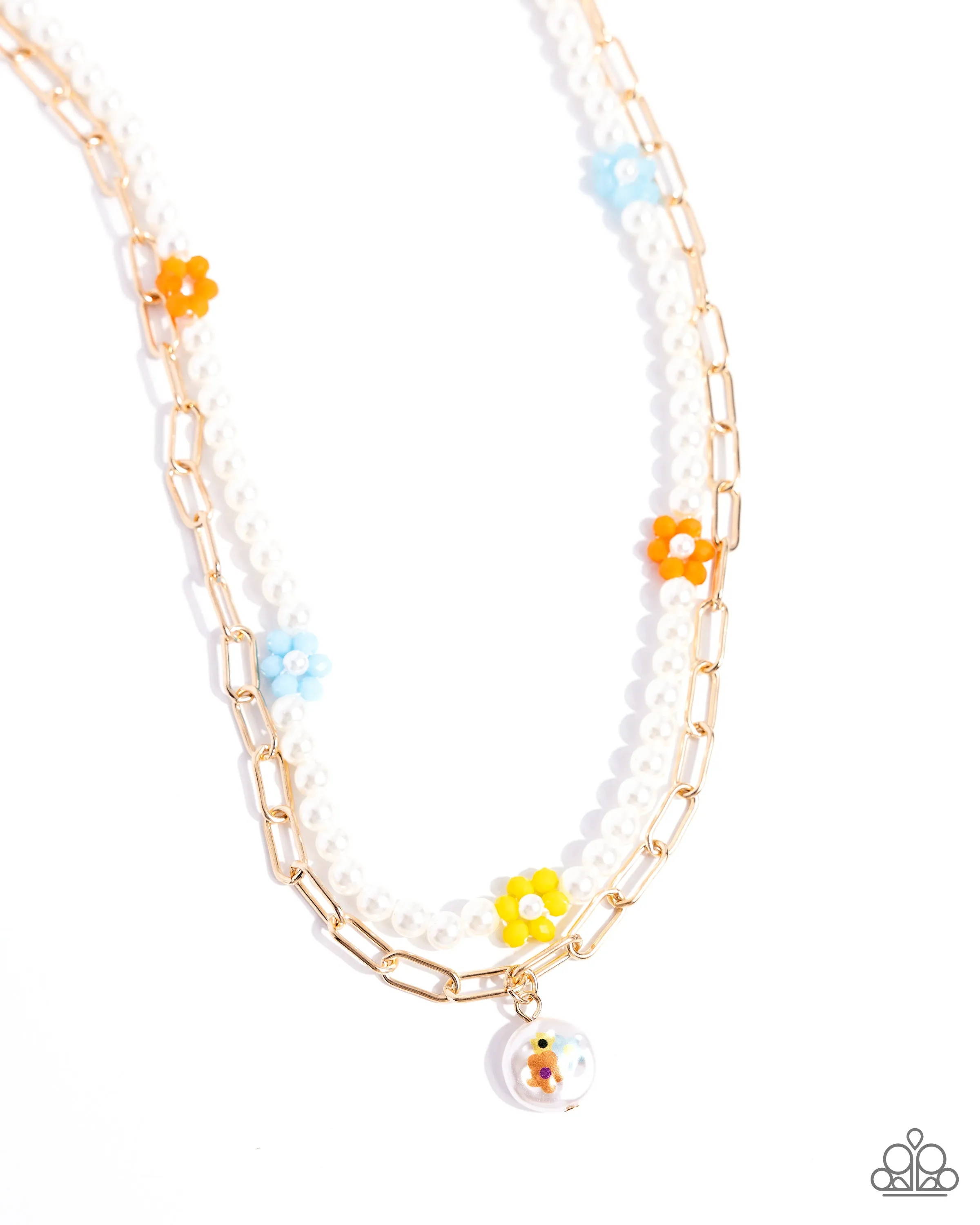 Painted Pageantry - Multi - Beaded Flower White Painted Pearl Tiered Paparazzi Short Necklace