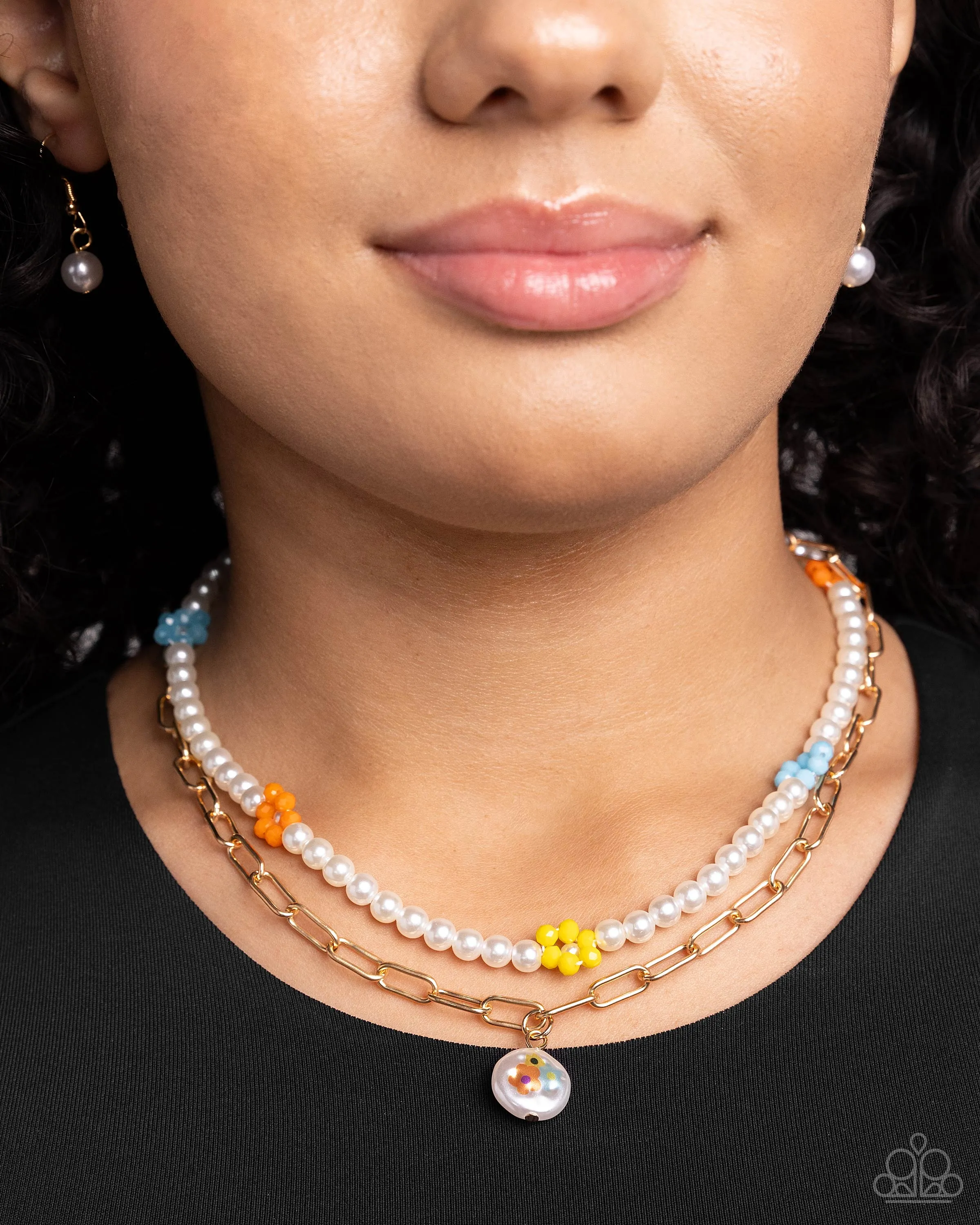 Painted Pageantry - Multi - Beaded Flower White Painted Pearl Tiered Paparazzi Short Necklace