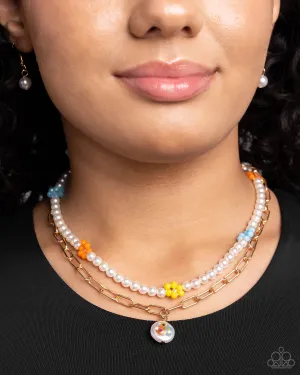 Painted Pageantry - Multi - Beaded Flower White Painted Pearl Tiered Paparazzi Short Necklace