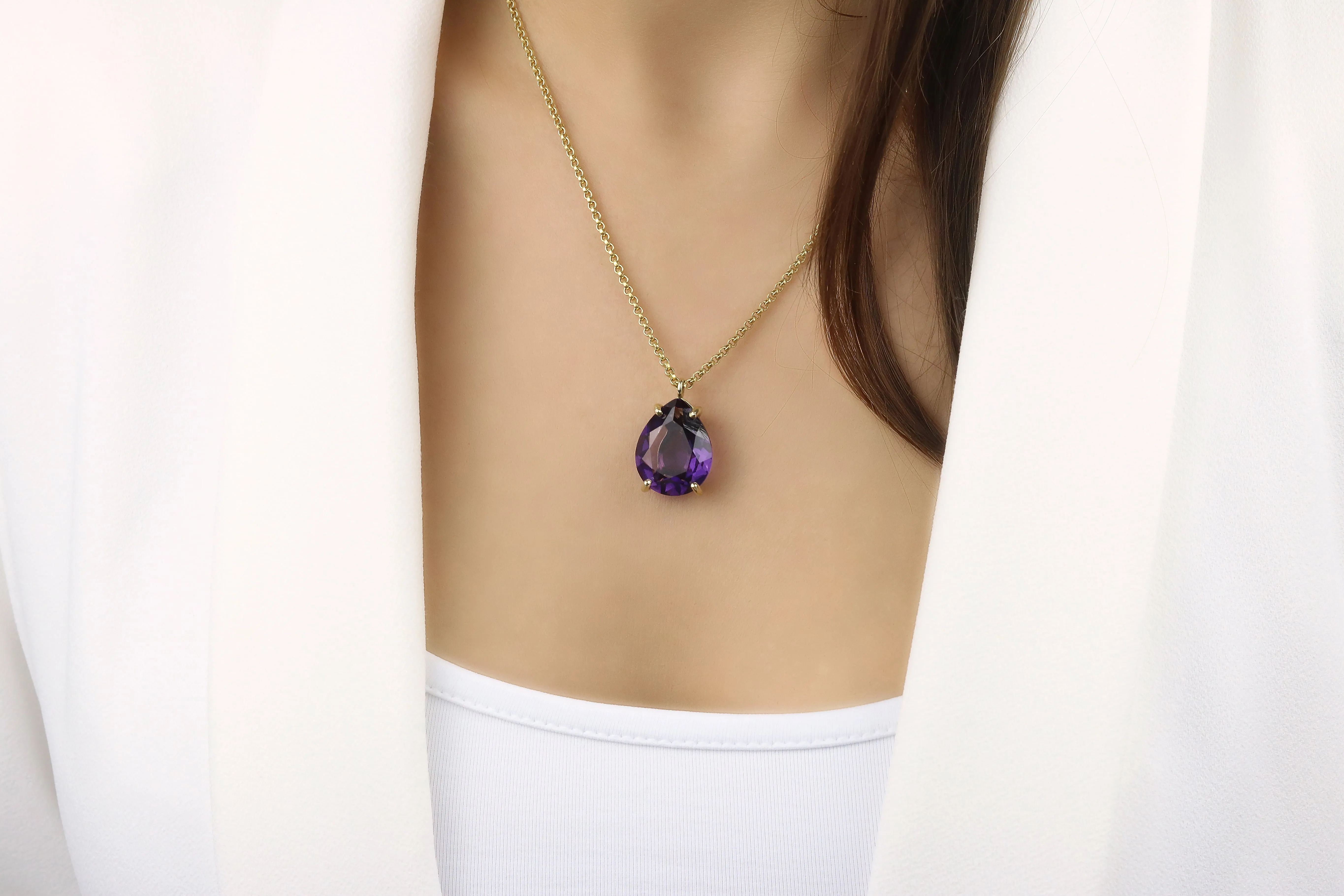 Pear Amethyst Crystal 14k Gold Necklace