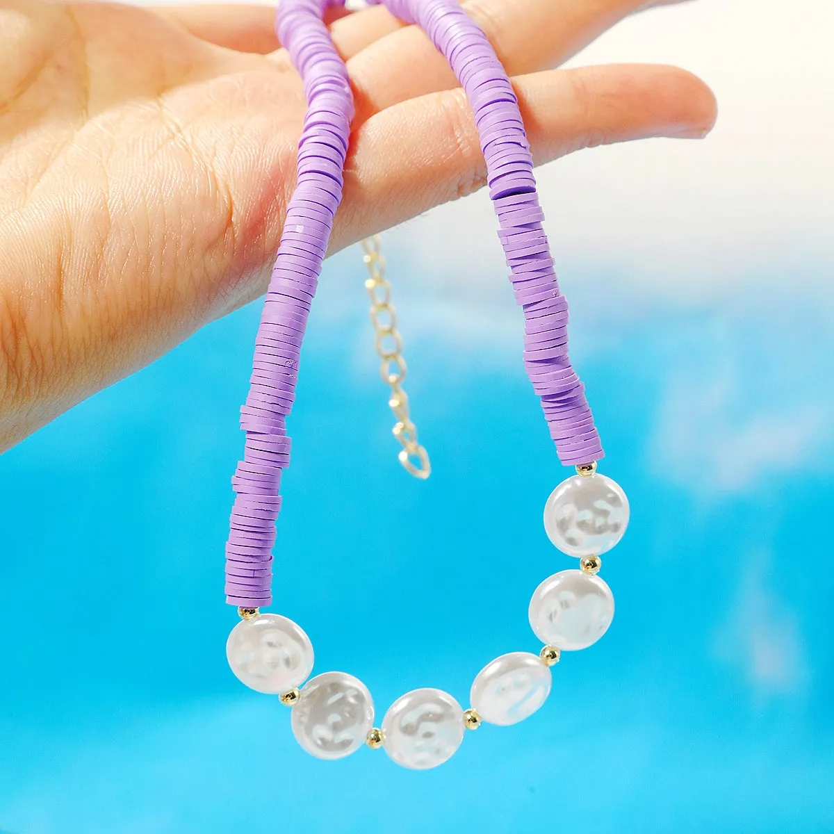 Pearl & Purple Polymer Clay 18K Gold-Plated Beaded Necklace