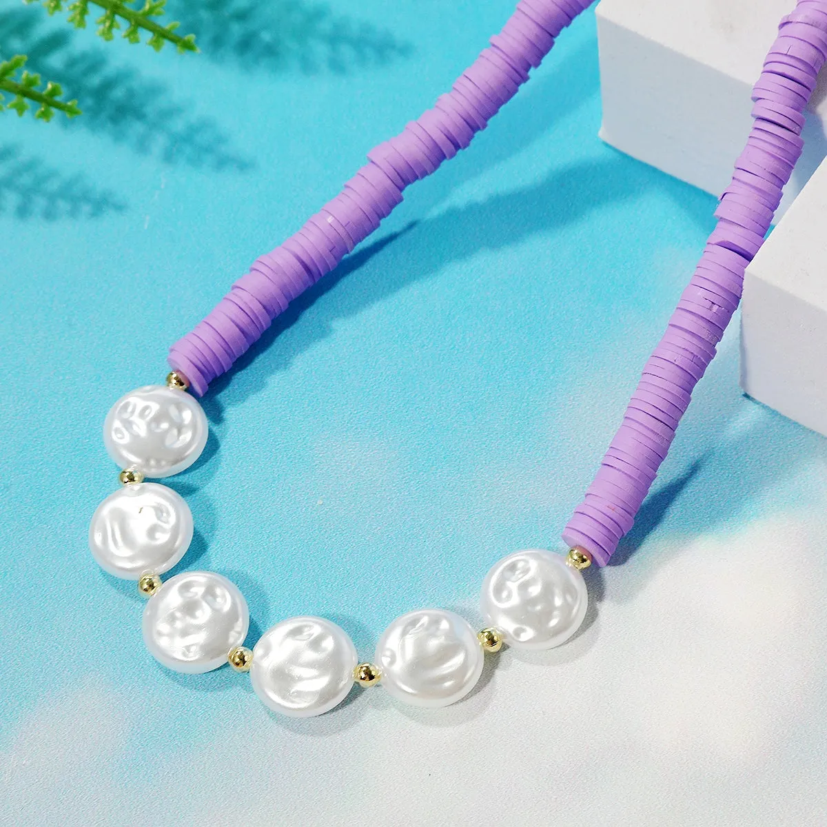 Pearl & Purple Polymer Clay 18K Gold-Plated Beaded Necklace