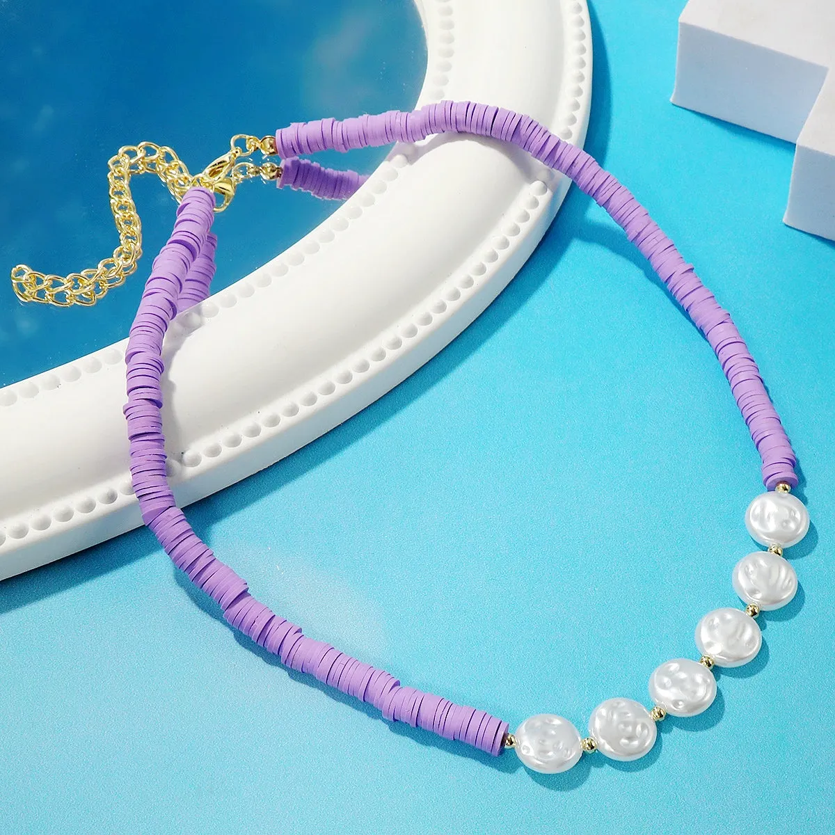 Pearl & Purple Polymer Clay 18K Gold-Plated Beaded Necklace
