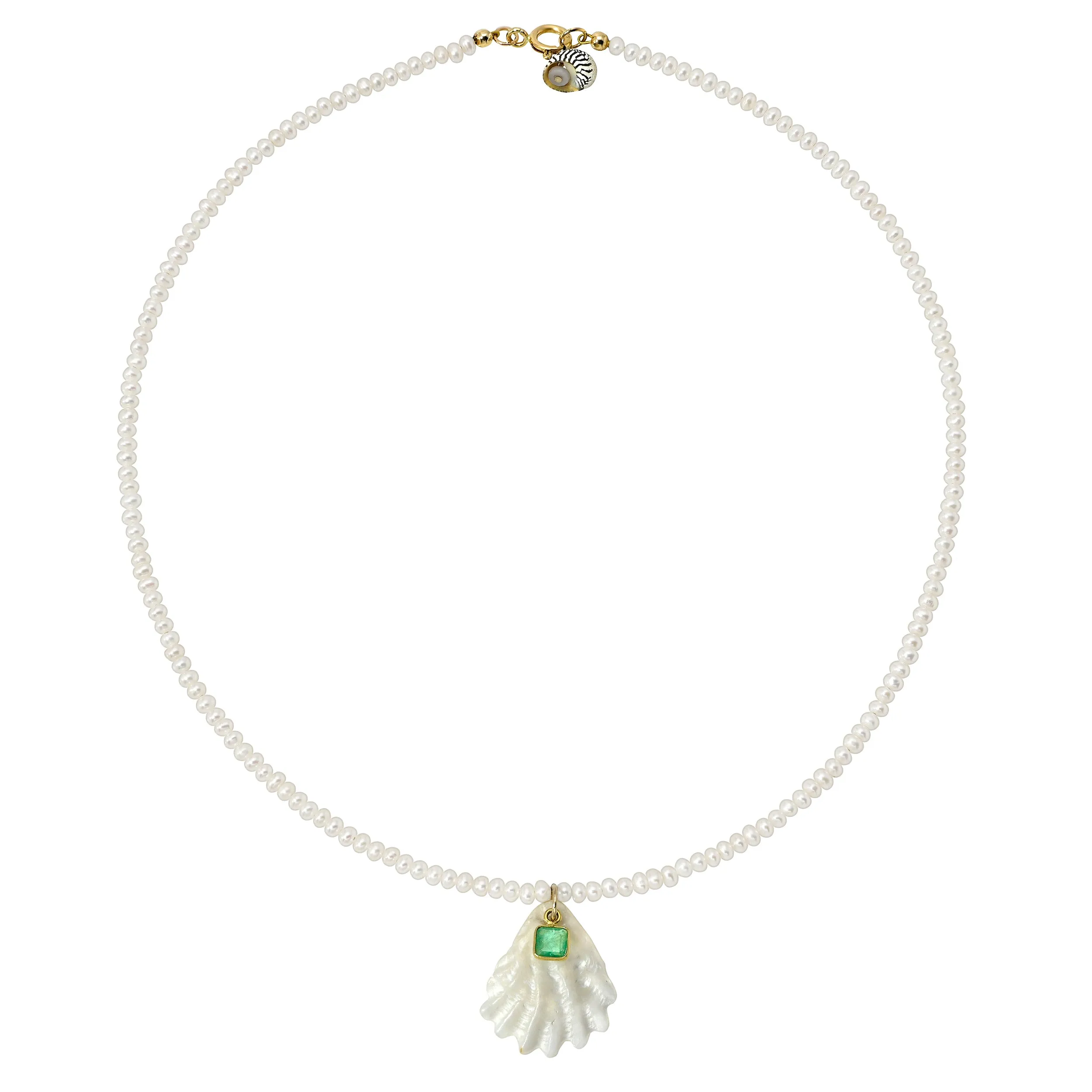 Pearl Necklace with Emerald and Shell