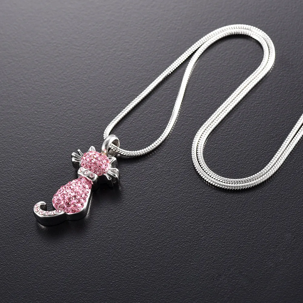 Pink Crystal Cat Cremation Necklace