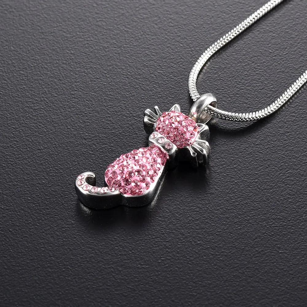 Pink Crystal Cat Cremation Necklace