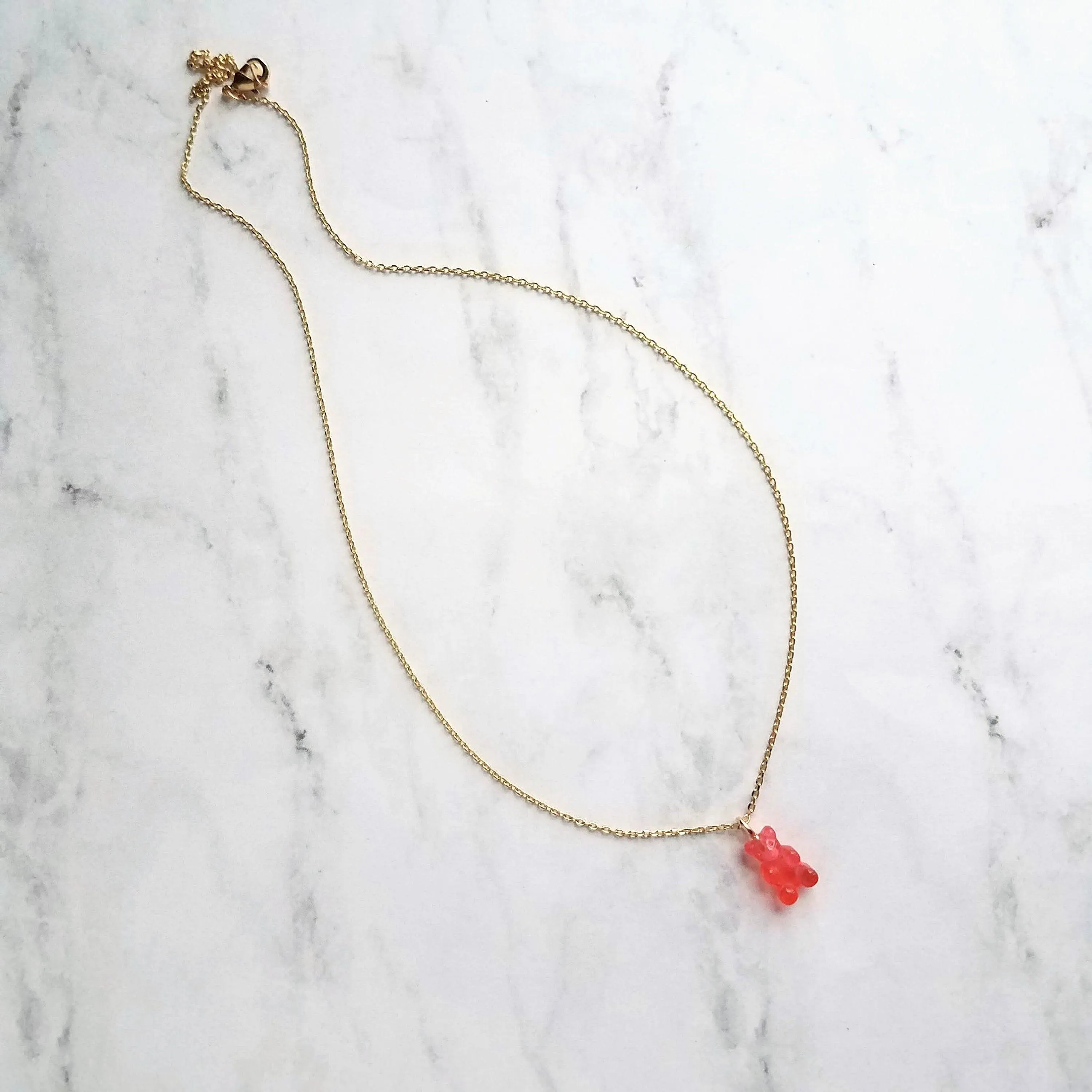Pink Gummy Bear Necklace, watermelon pink, coral pink, candy necklace, sweet tooth gift, tiny gummy bear, little gummy bear, small gummy