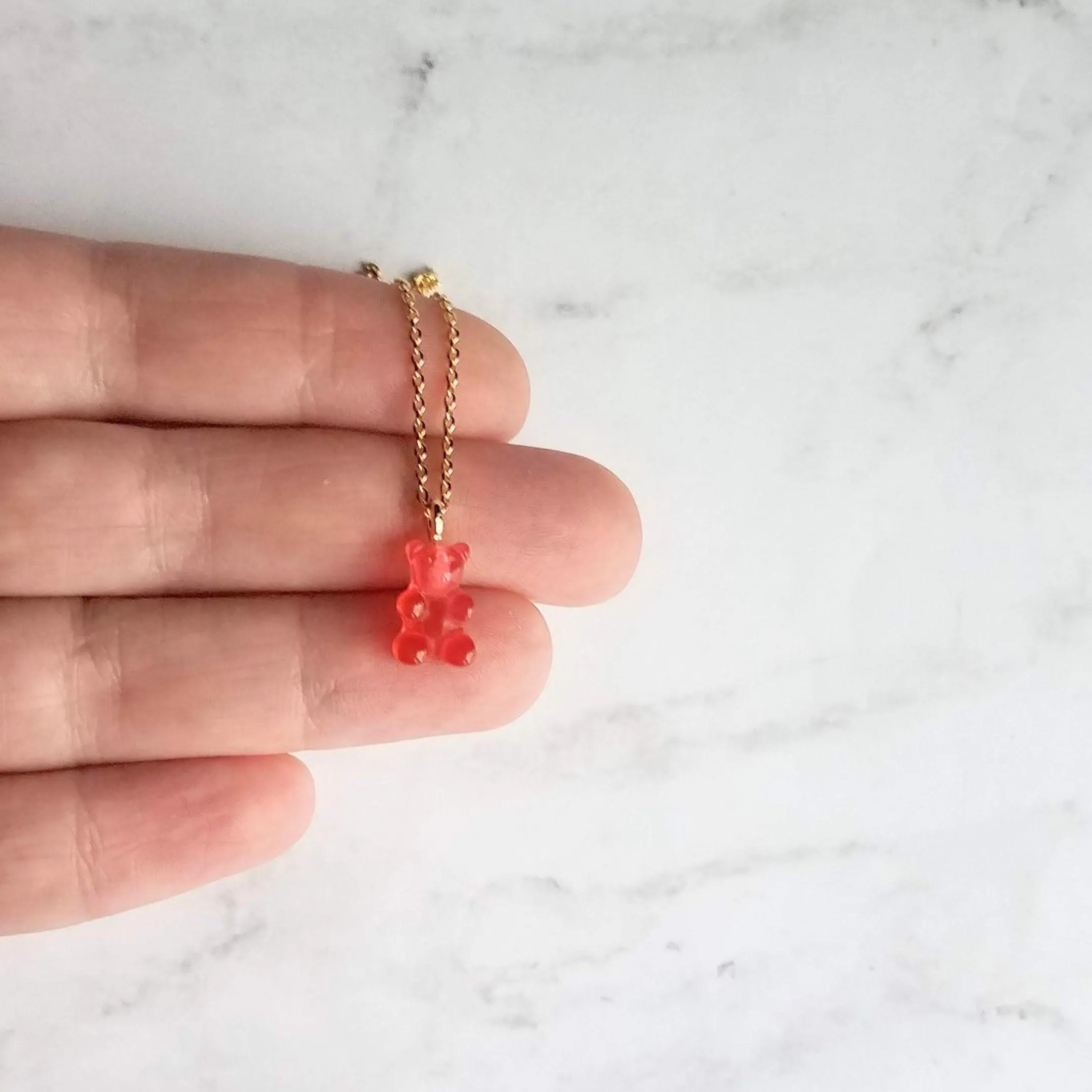 Pink Gummy Bear Necklace, watermelon pink, coral pink, candy necklace, sweet tooth gift, tiny gummy bear, little gummy bear, small gummy