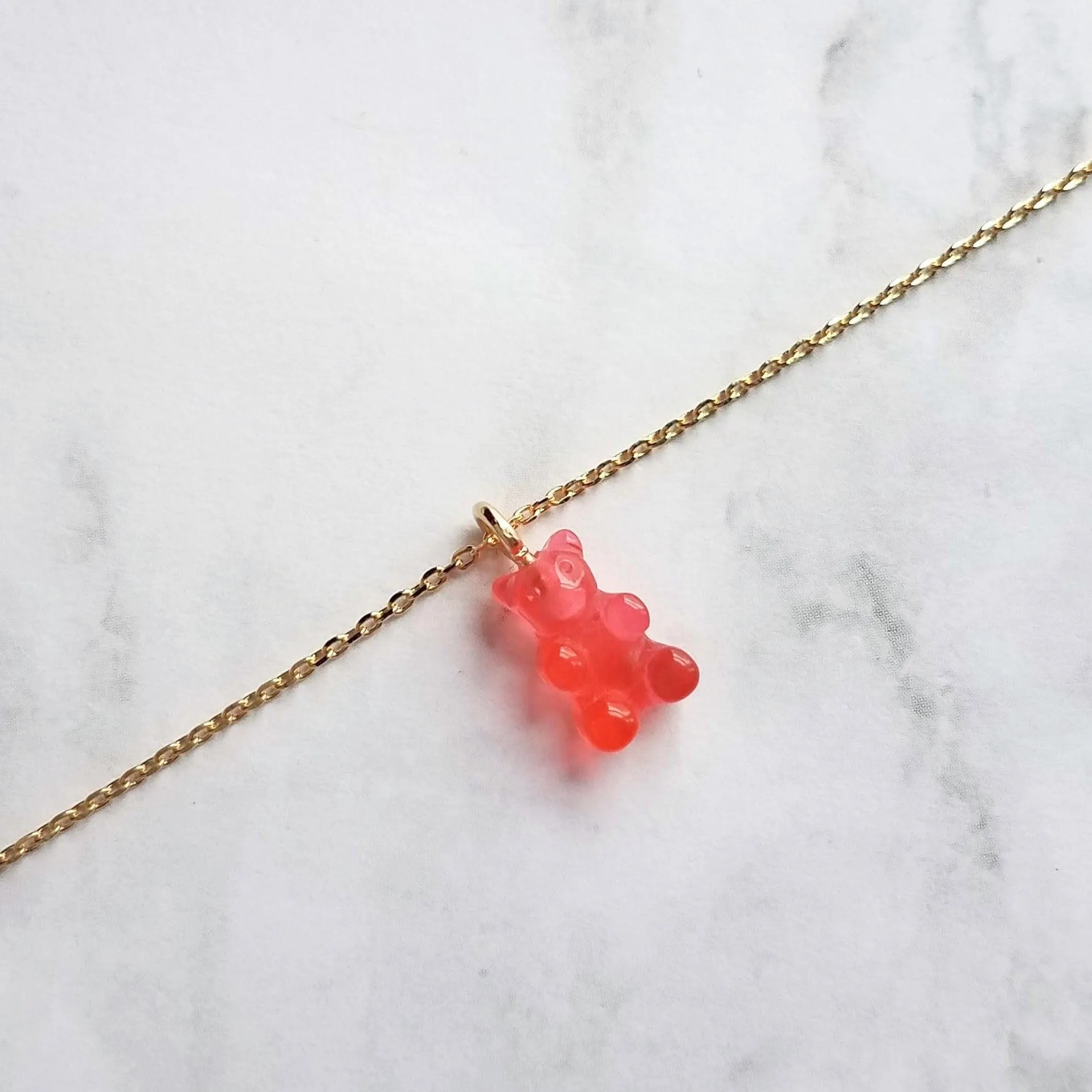 Pink Gummy Bear Necklace, watermelon pink, coral pink, candy necklace, sweet tooth gift, tiny gummy bear, little gummy bear, small gummy