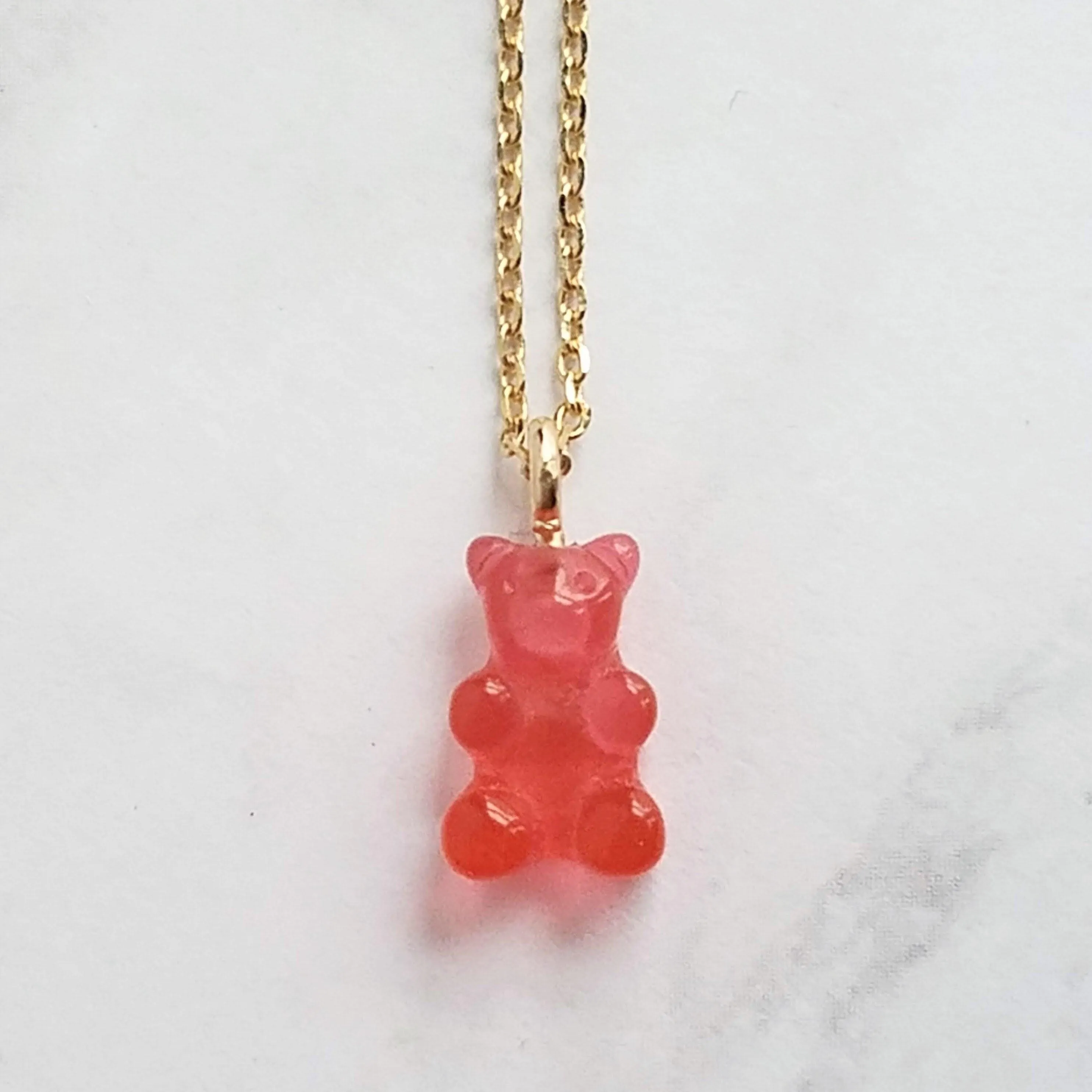 Pink Gummy Bear Necklace, watermelon pink, coral pink, candy necklace, sweet tooth gift, tiny gummy bear, little gummy bear, small gummy