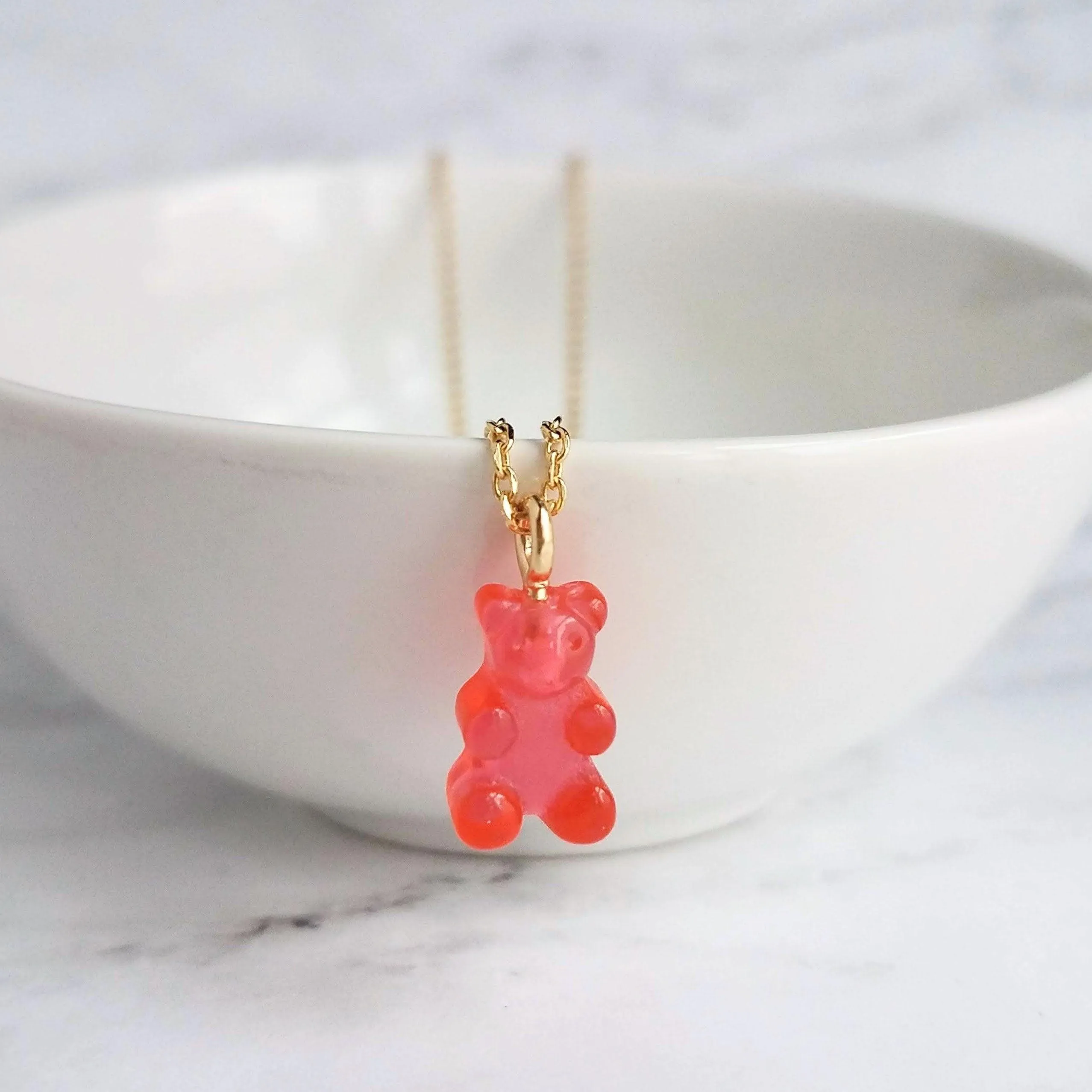 Pink Gummy Bear Necklace, watermelon pink, coral pink, candy necklace, sweet tooth gift, tiny gummy bear, little gummy bear, small gummy