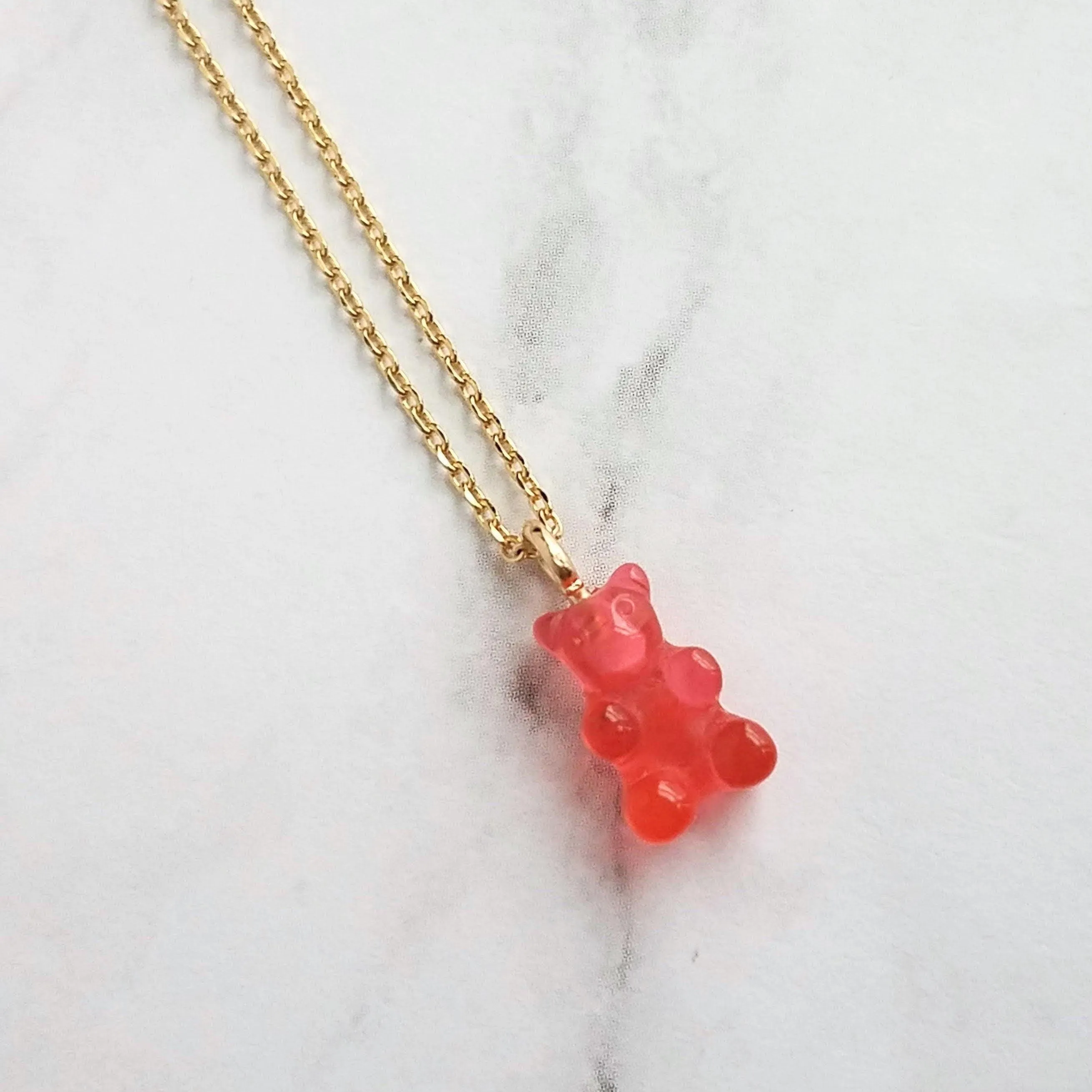Pink Gummy Bear Necklace, watermelon pink, coral pink, candy necklace, sweet tooth gift, tiny gummy bear, little gummy bear, small gummy