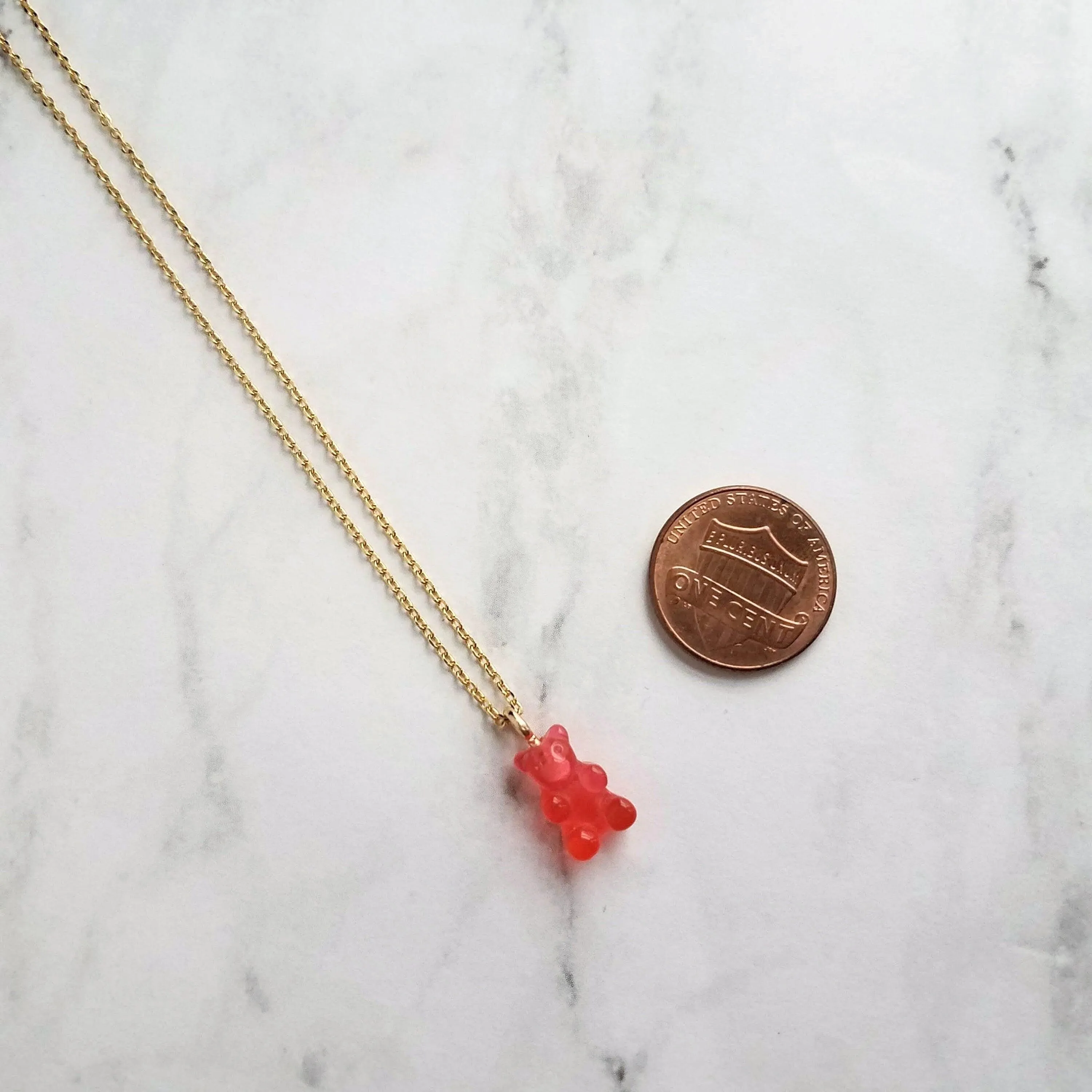 Pink Gummy Bear Necklace, watermelon pink, coral pink, candy necklace, sweet tooth gift, tiny gummy bear, little gummy bear, small gummy