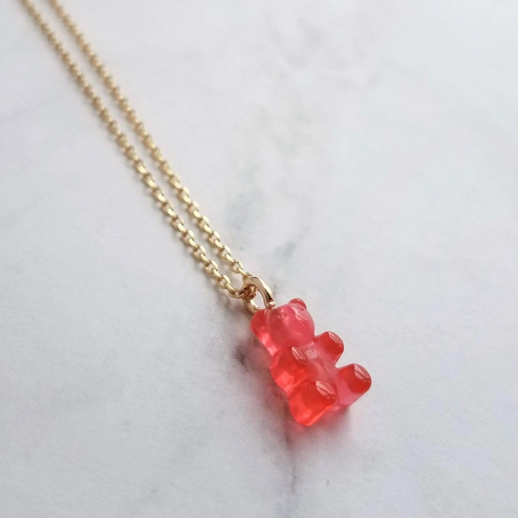 Pink Gummy Bear Necklace, watermelon pink, coral pink, candy necklace, sweet tooth gift, tiny gummy bear, little gummy bear, small gummy