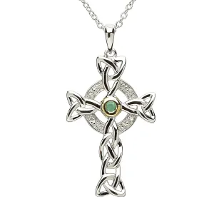 Platinum Plated Celtic Cross necklace With Green Centre & Clear Crystal