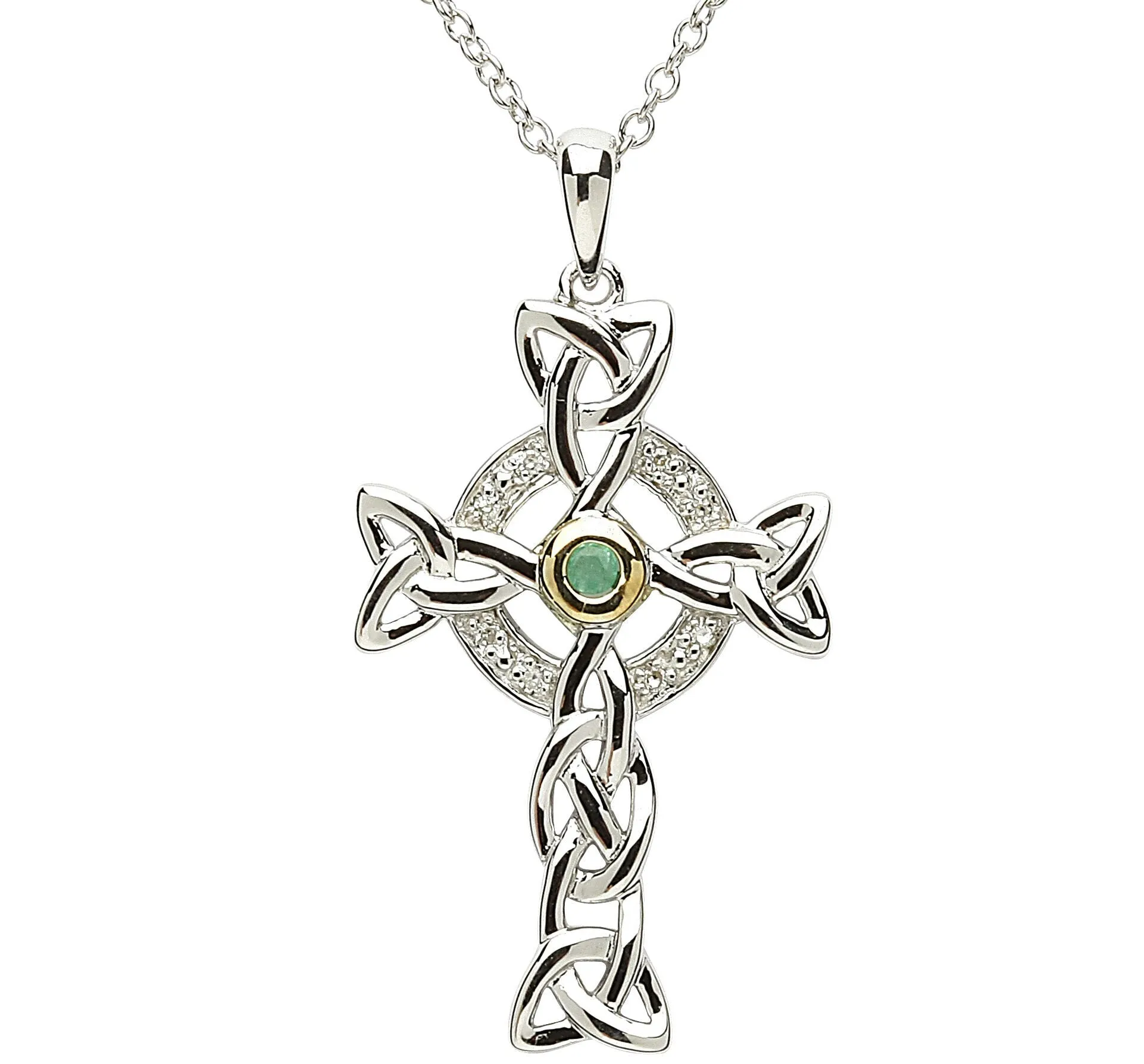 Platinum Plated Celtic Cross necklace With Green Centre & Clear Crystal
