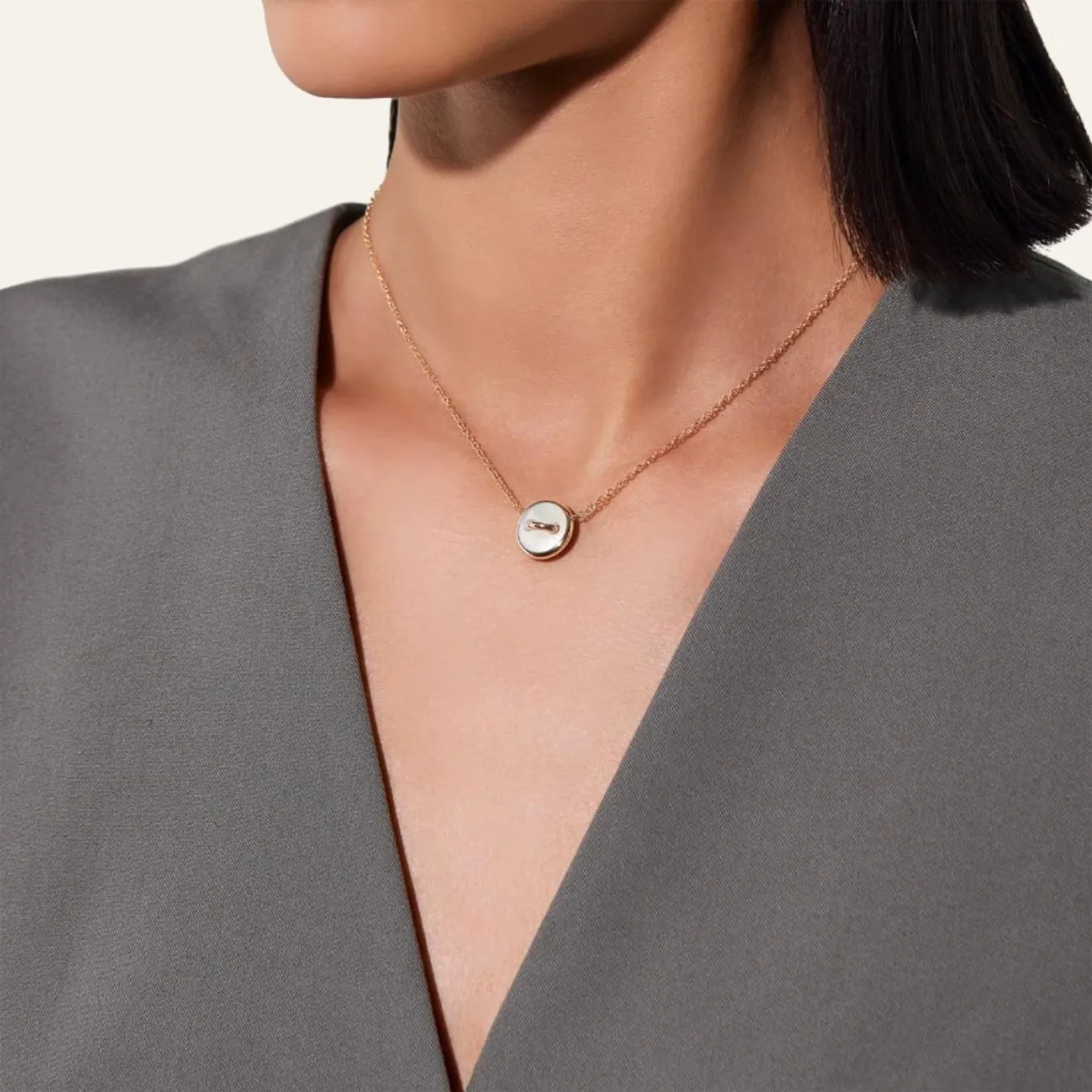 Pom Pom Dot 18K Rose Gold Malachite & Mother of Pearl Two-Sided Button Diamond Pendant Necklace