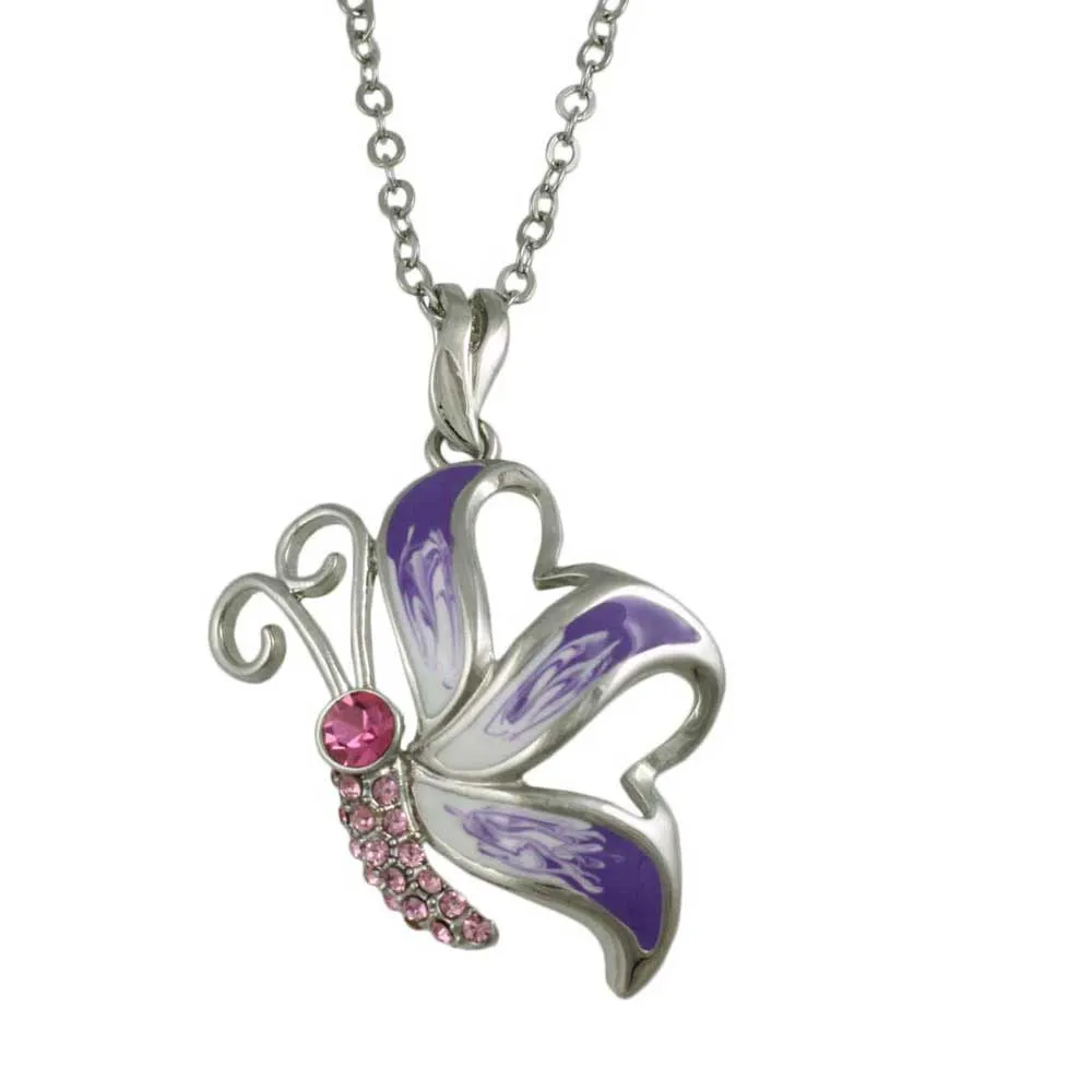 Purple and White Butterfly Pendant on Silver Chain - PT201