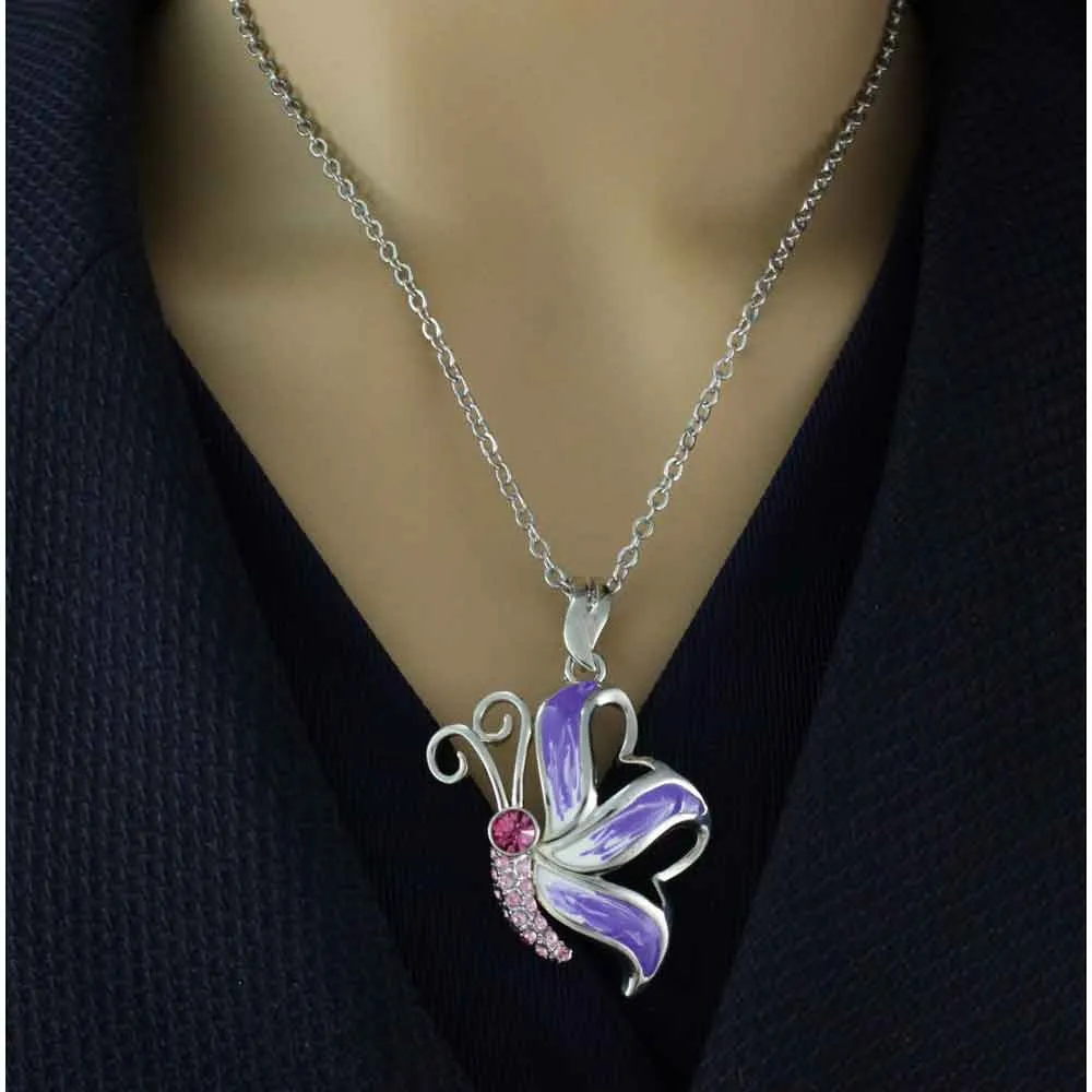 Purple and White Butterfly Pendant on Silver Chain - PT201