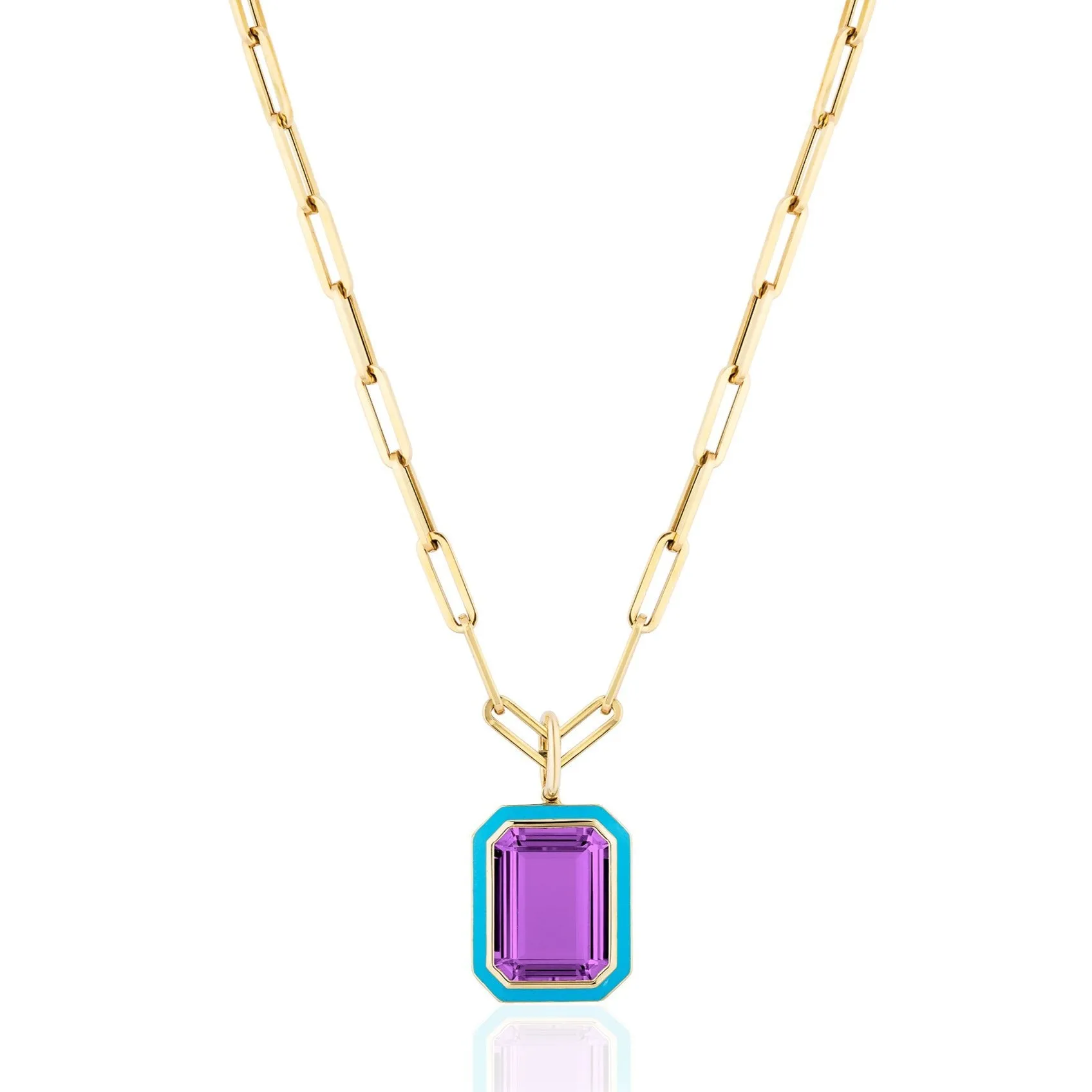 Queen Emerald Cut with Enamel Frame Pendant on Paperclip Chain Necklace