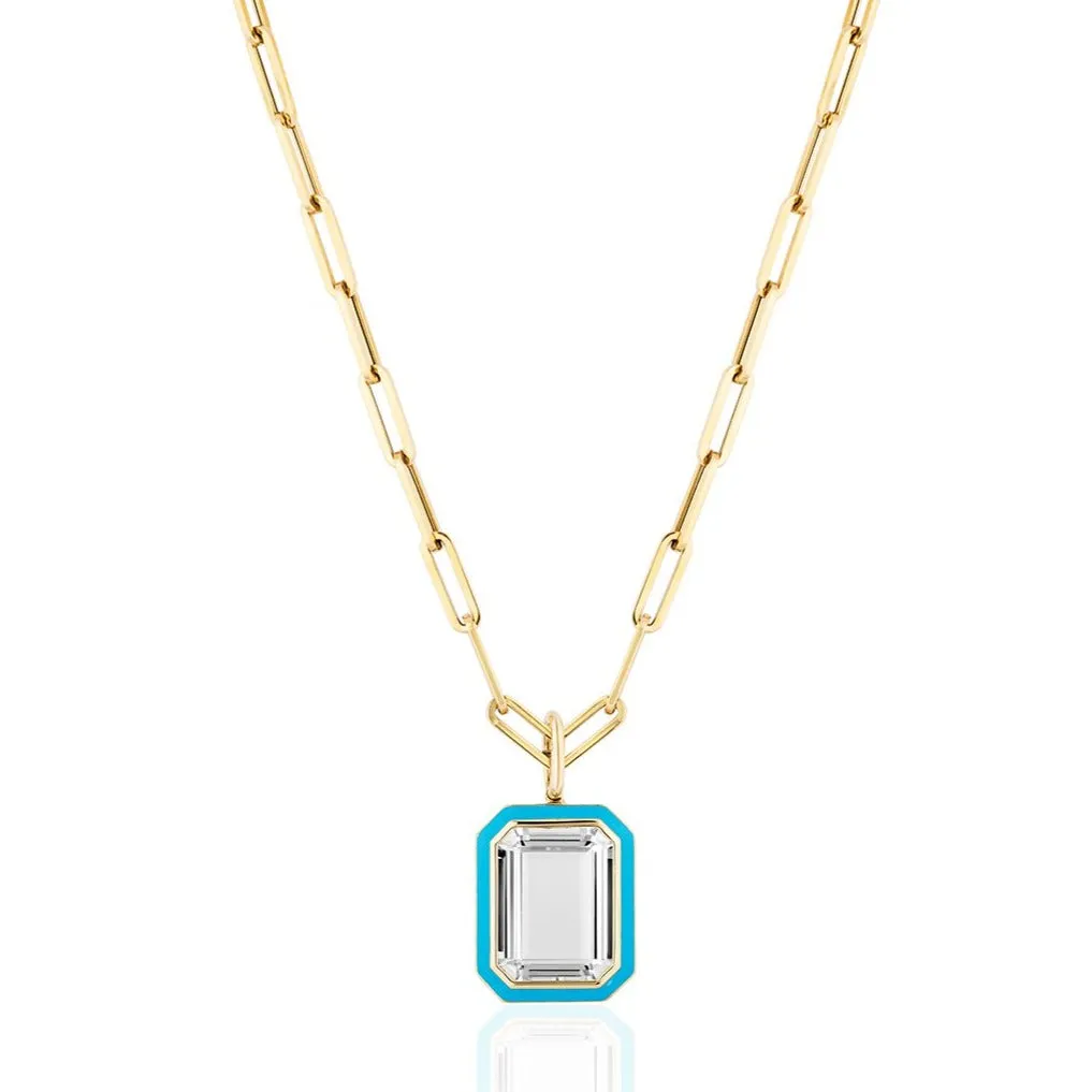 Queen Emerald Cut with Enamel Frame Pendant on Paperclip Chain Necklace